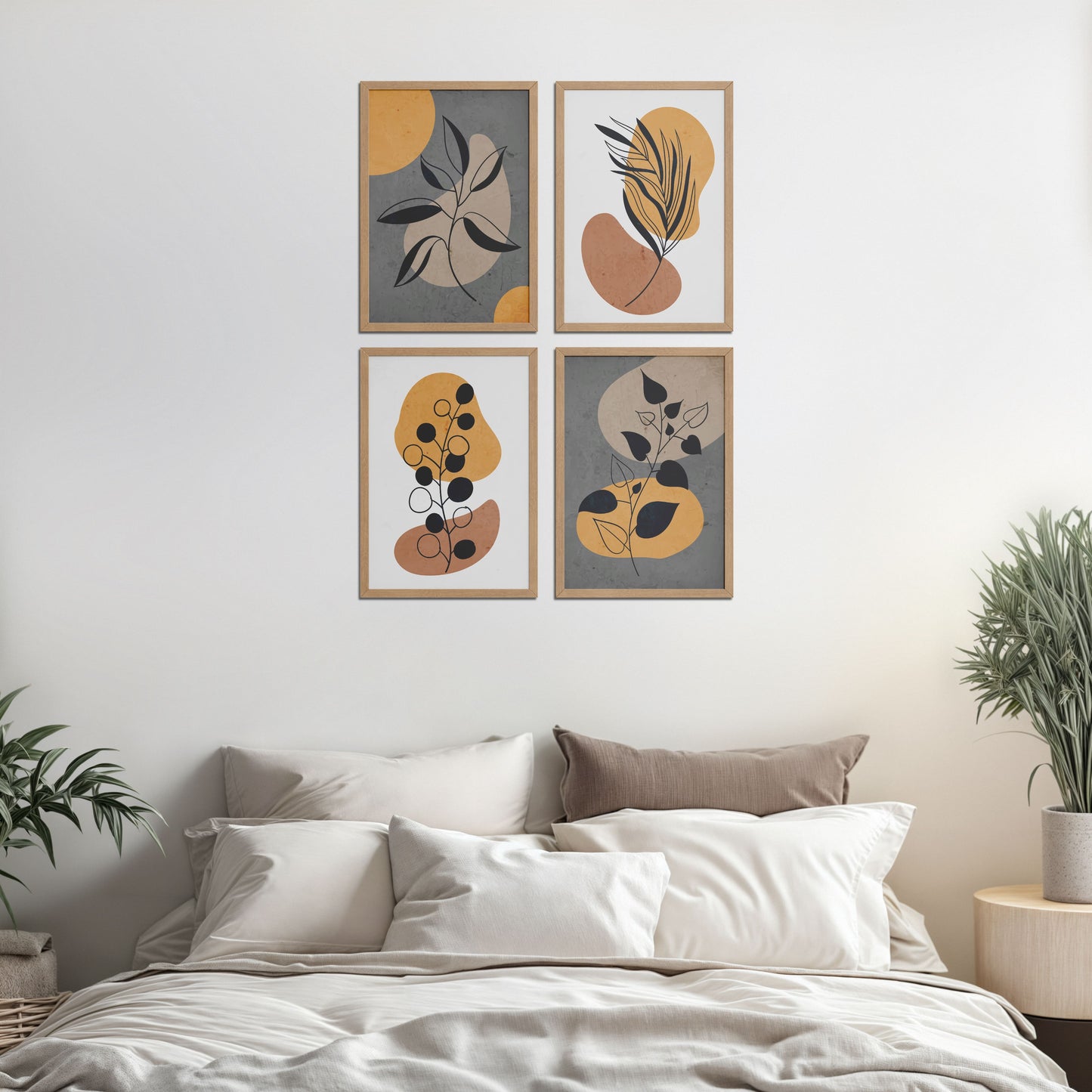 Bed Room Preview of Boho Leaves – Minimalist Wall Art Set of 4 Frames in Natrual Color Frame