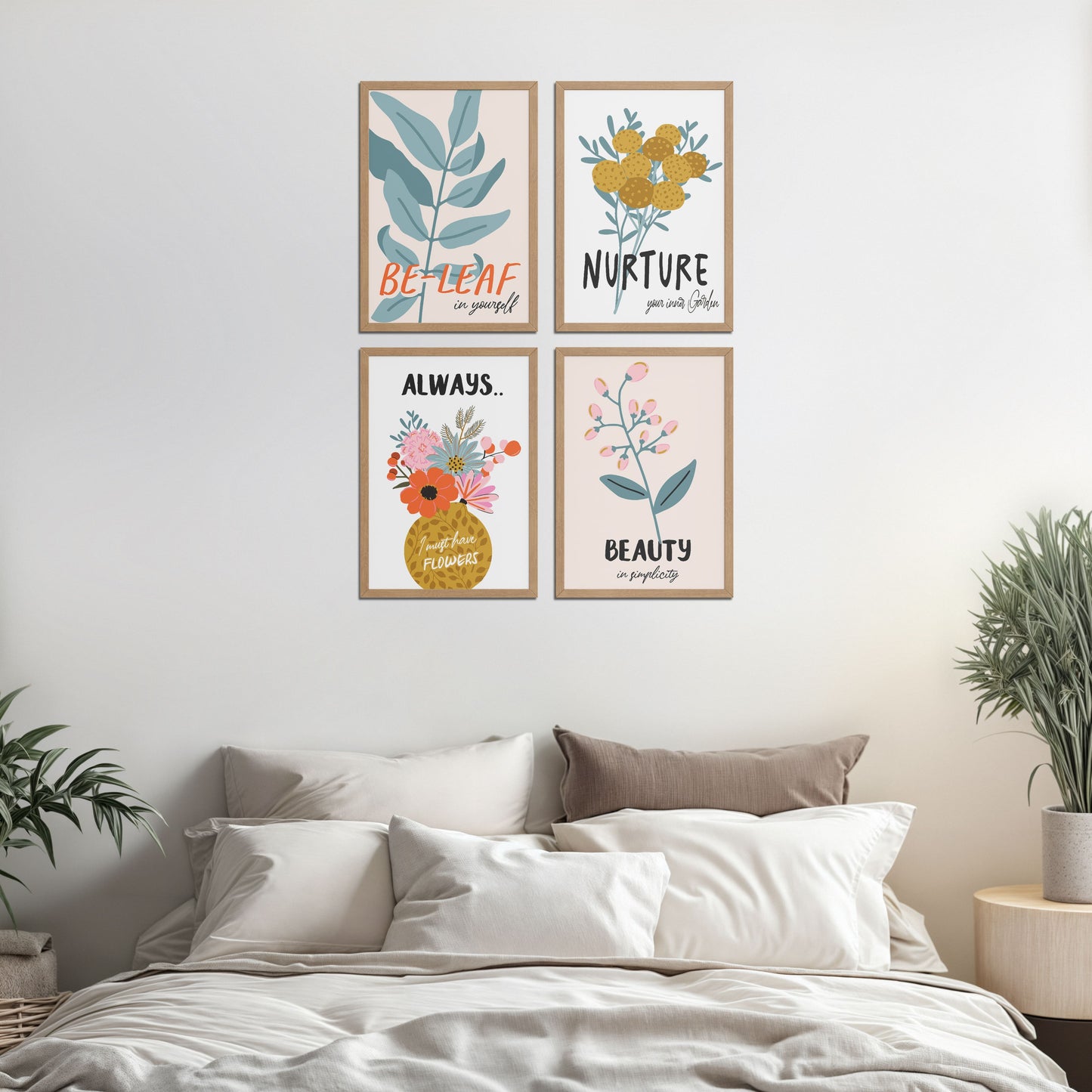 Bed Room Preview of Grow & Glow – Plant-Inspired Positive Wall Art Set of 4 in Natrual Color Frame
