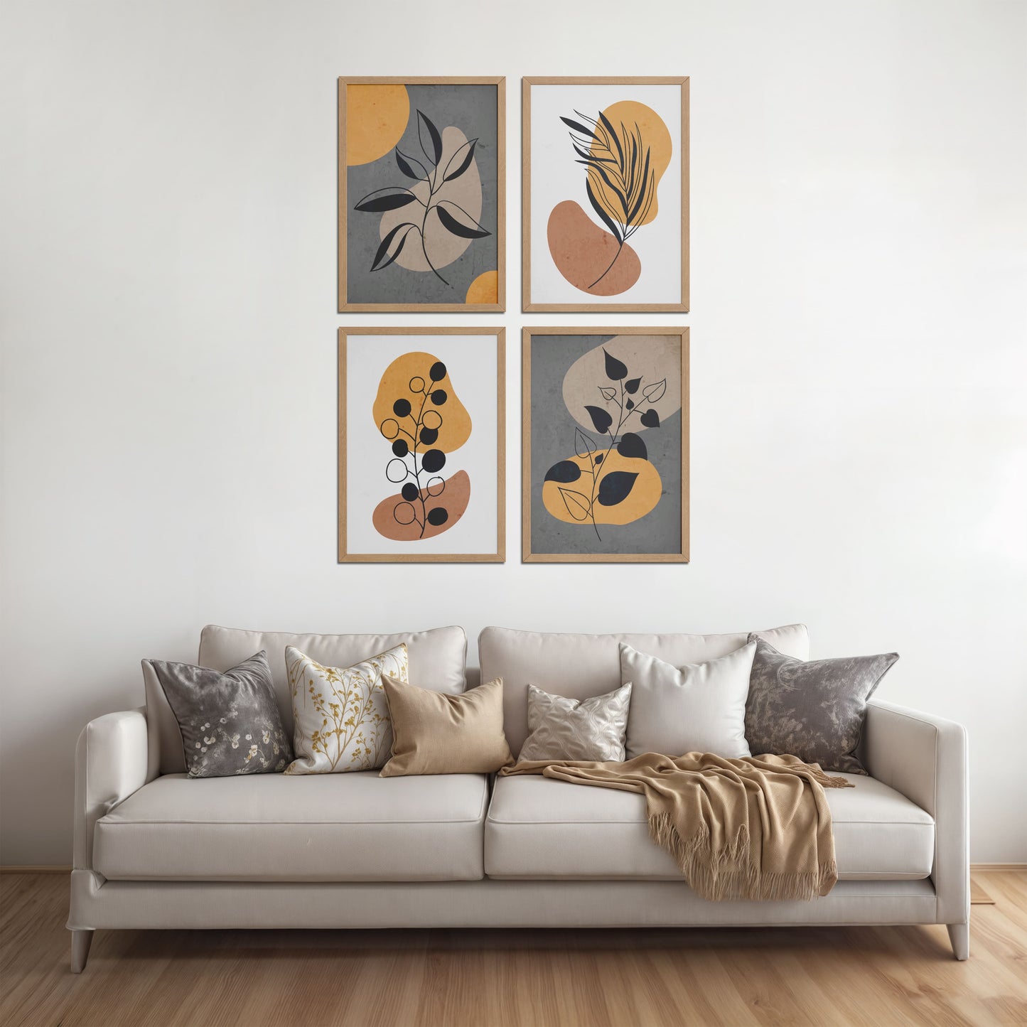 Living Room Sofa Preview of Boho Leaves – Minimalist Wall Art Set of 4 Frames in Natrual Color Frame