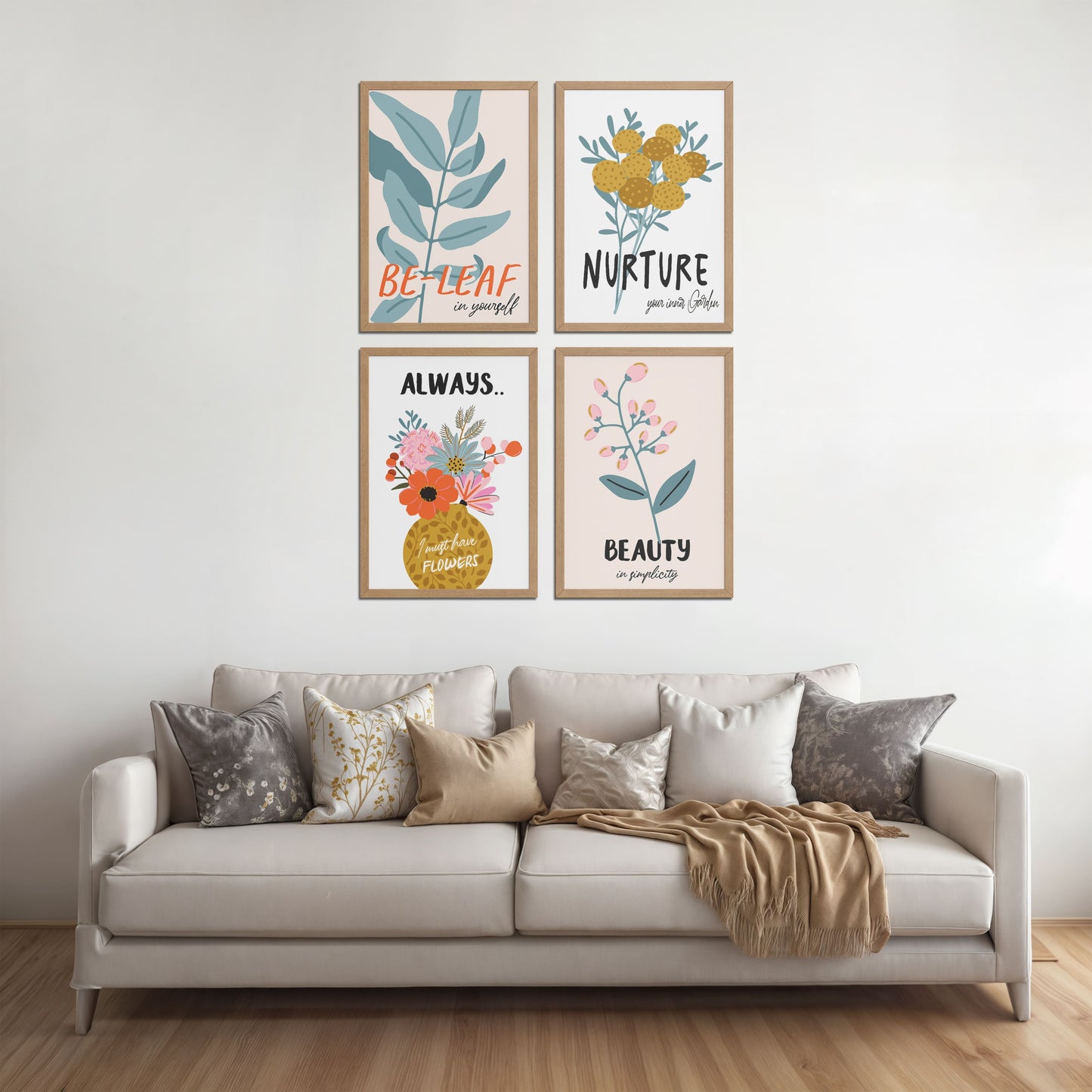 Living Room Sofa Preview of Grow & Glow – Plant-Inspired Positive Wall Art Set of 4 in Natrual Color Frame