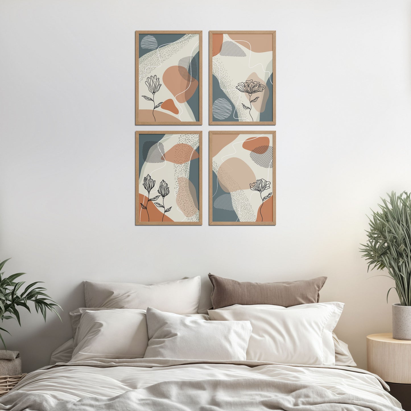 Bed Room Preview of Line & Leaf – Boho Abstract Wall Art Set of 4 in Natrual Color Frame