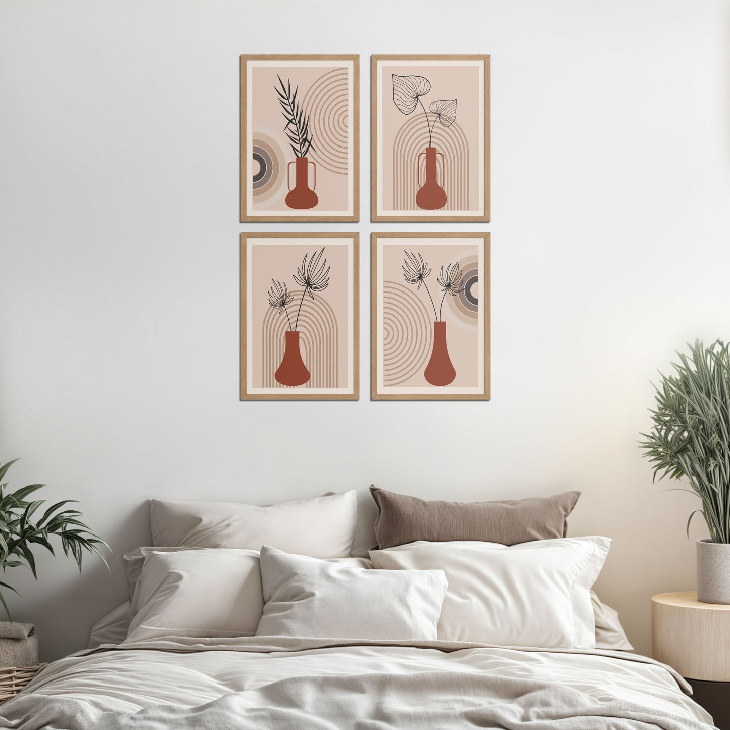 Bed Room Preview of Boho Botanical Plant Wall Art Set of 4 in Natrual Color Frame