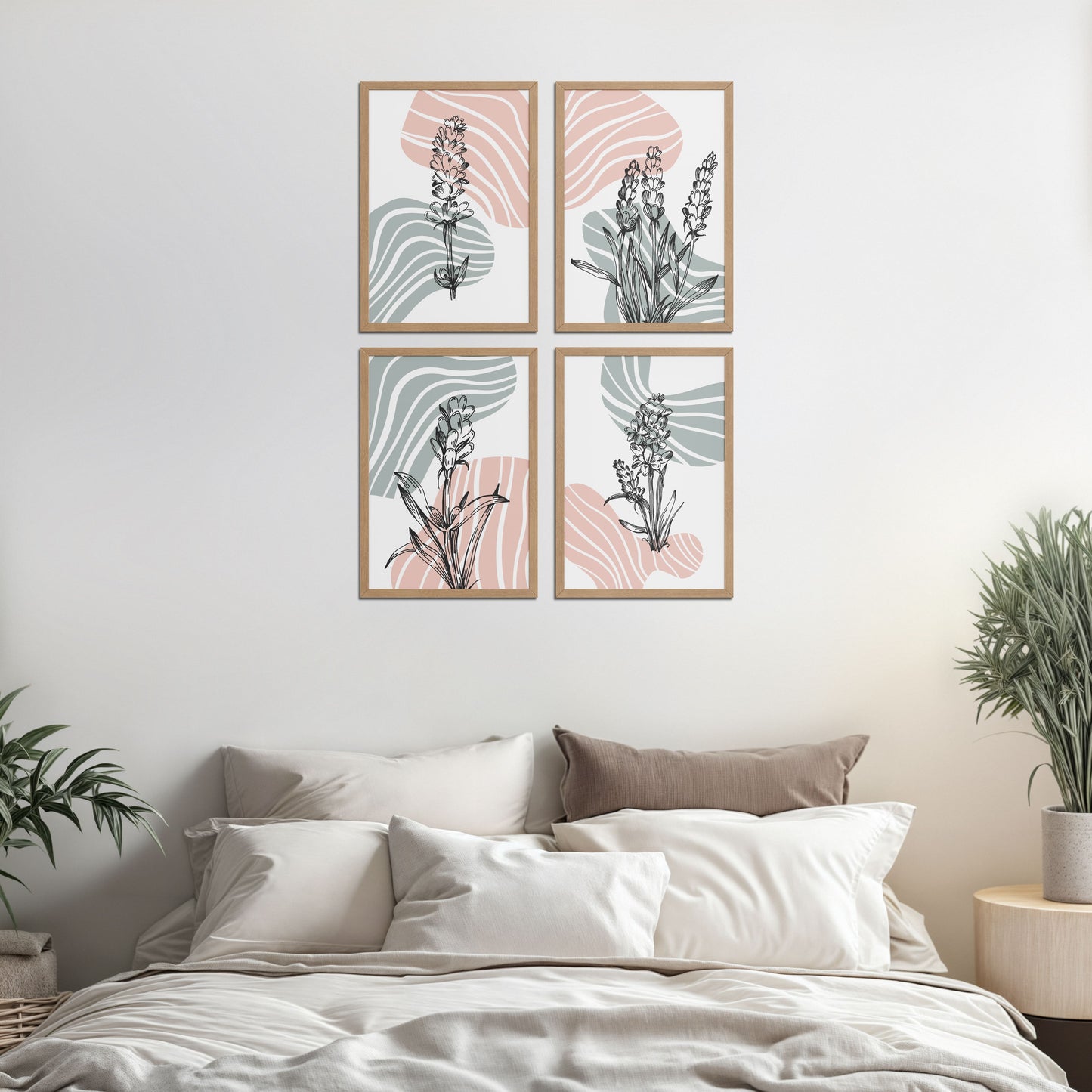 Bed Room Preview of Abstract Hand-Printed Lavender Essence Wall Art Set of 4 in Natrual Color Frame