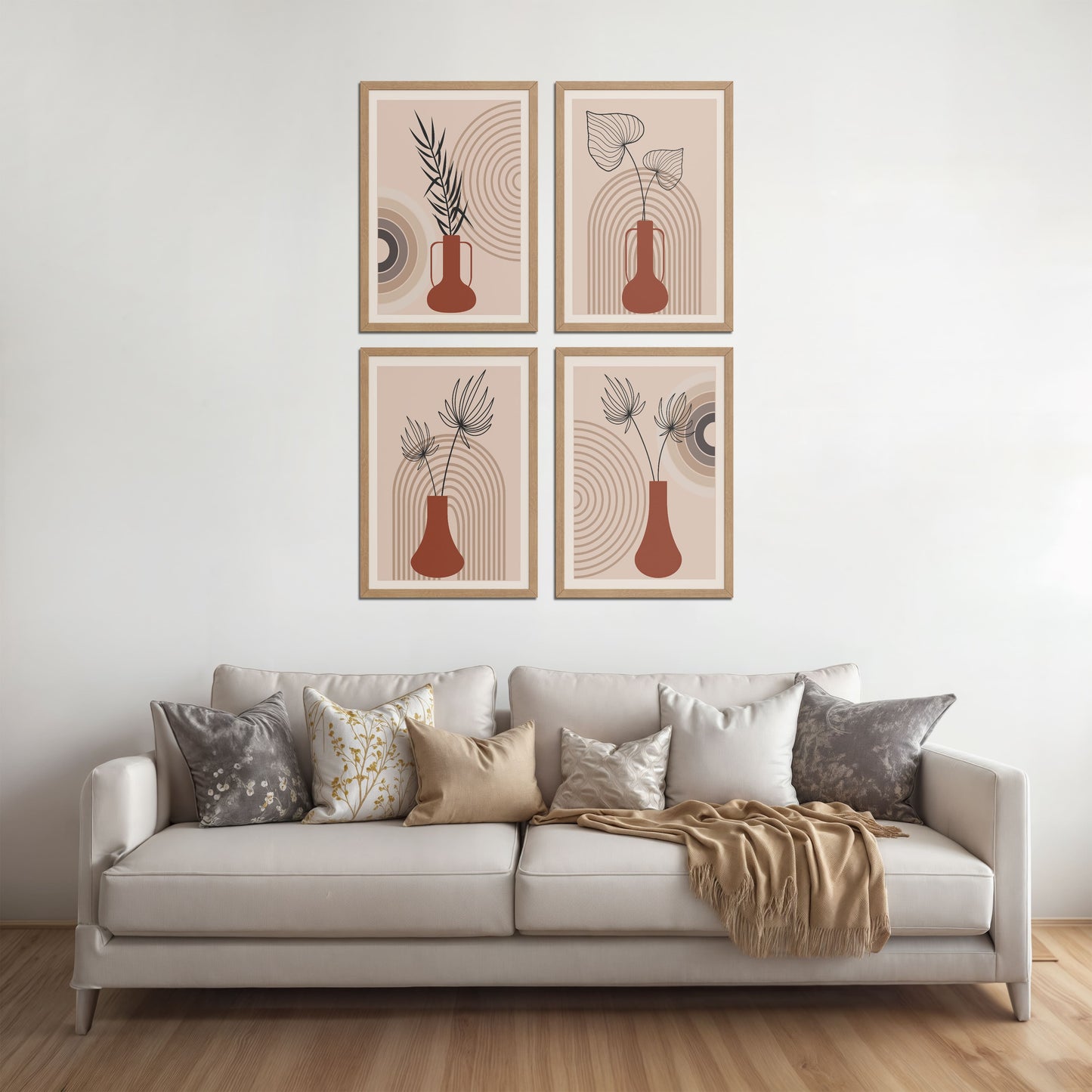 Living Room Sofa Preview of Boho Botanical Plant Wall Art Set of 4 in Natrual Color Frame