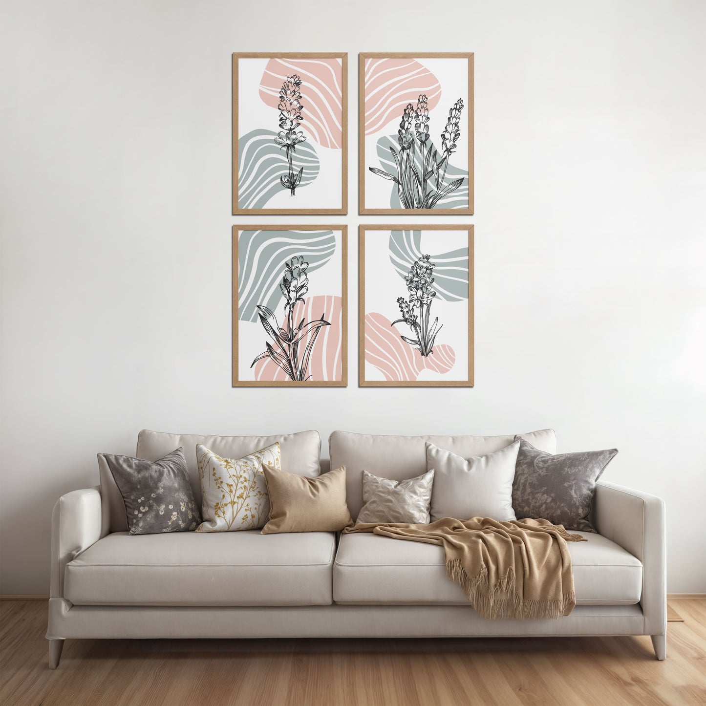 Living Room Sofa Preview of Abstract Hand-Printed Lavender Essence Wall Art Set of 4 in Natrual Color Frame