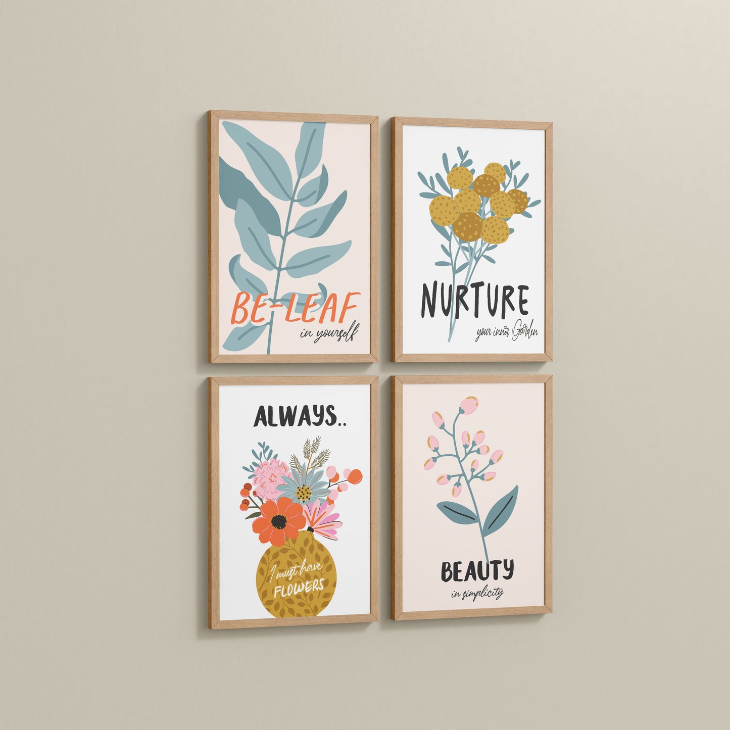 Side View of Grow & Glow – Plant-Inspired Positive Wall Art Set of 4 in Natrual Color Frame