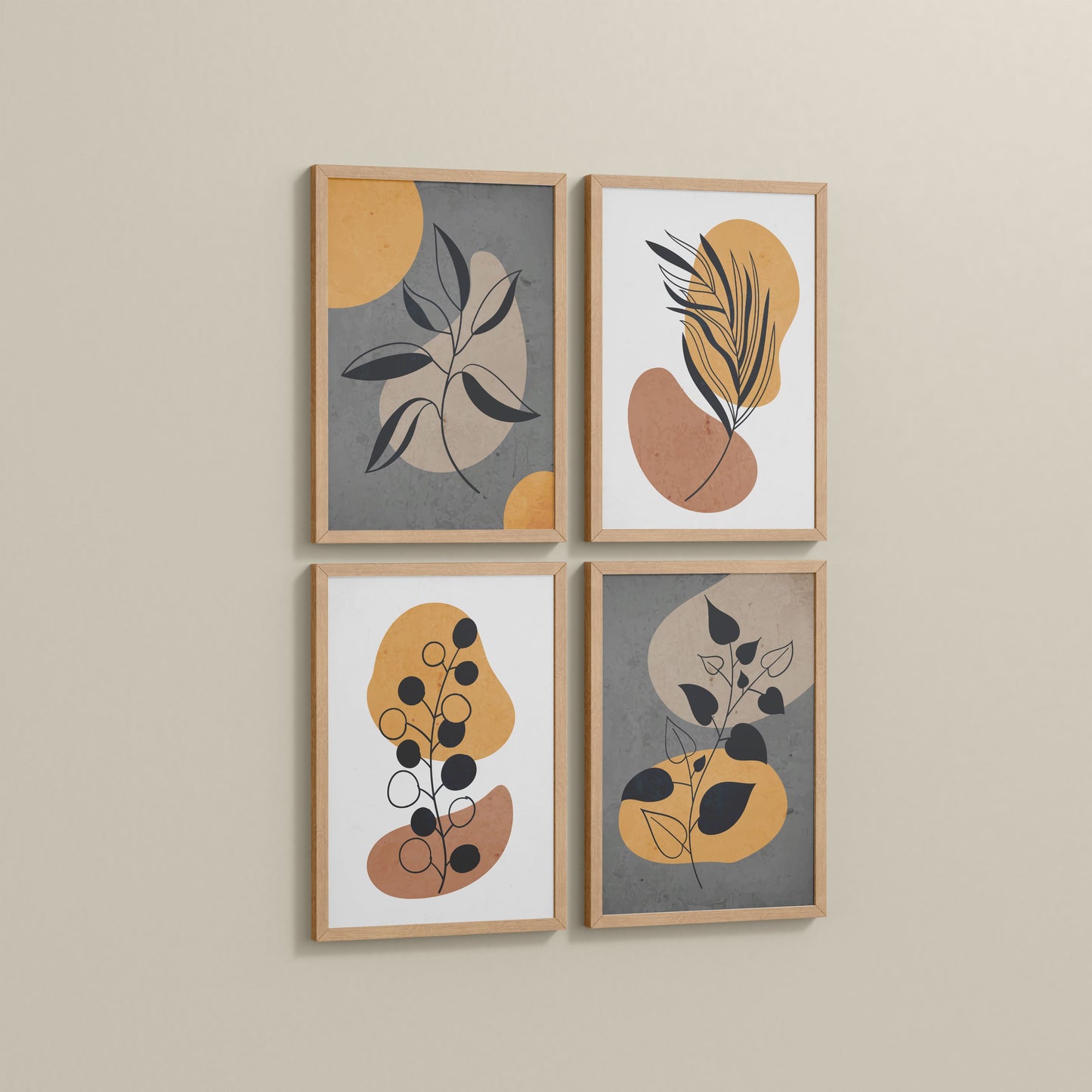 Side View of Boho Leaves – Minimalist Wall Art Set of 4 Frames in Natrual Color Frame