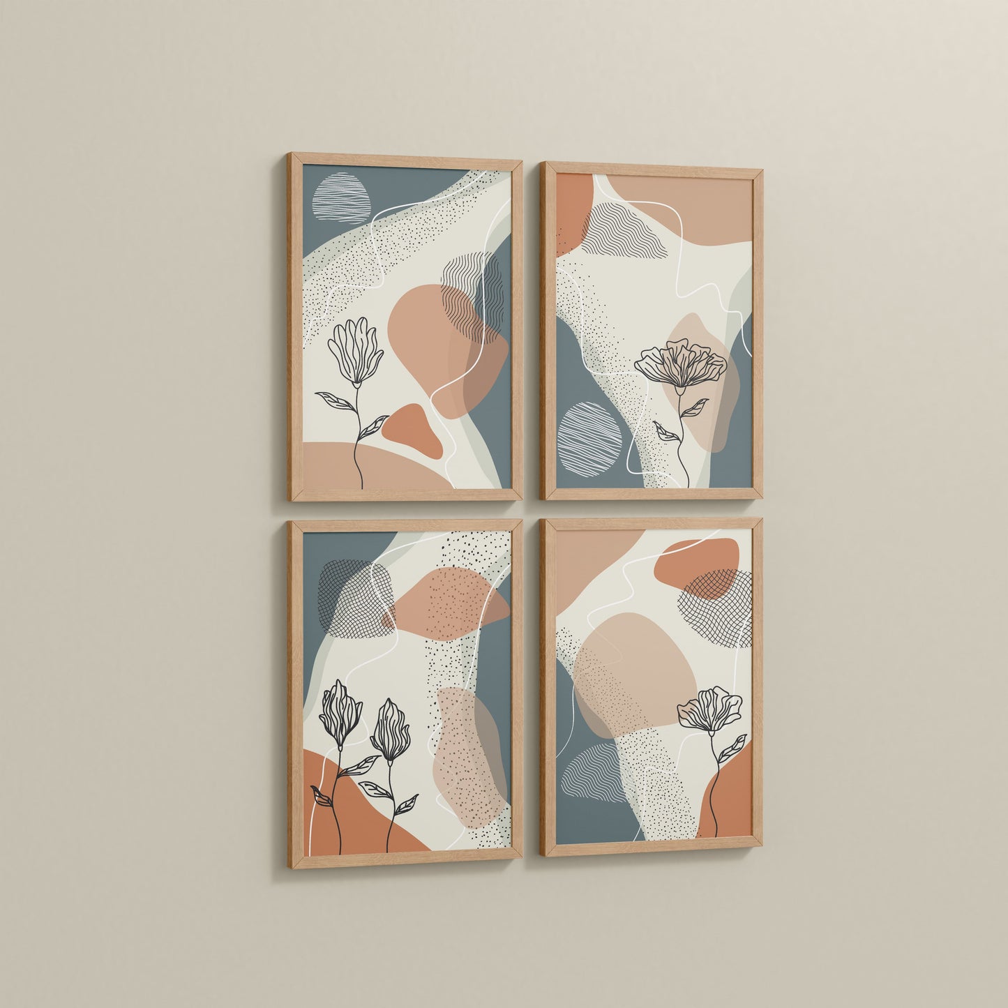 Side View of Line & Leaf – Boho Abstract Wall Art Set of 4 in Natrual Color Frame