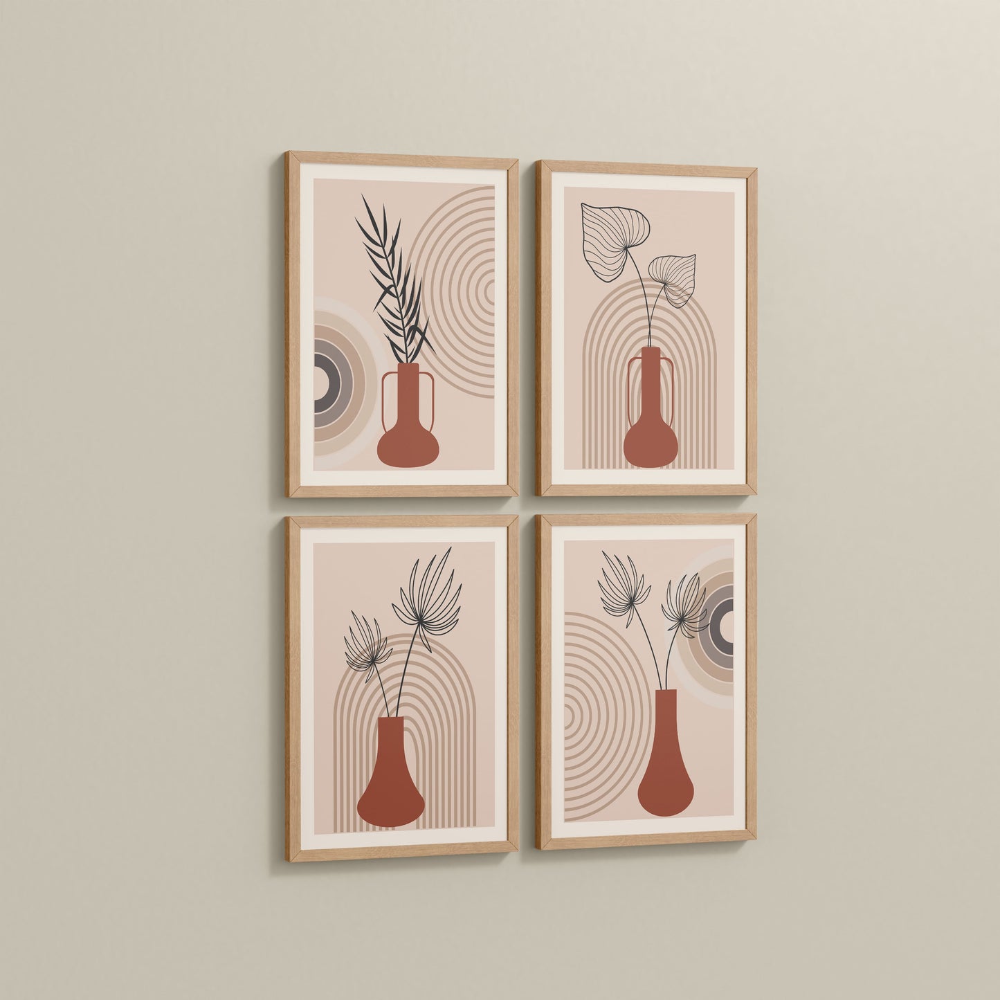 Side View of Boho Botanical Plant Wall Art Set of 4 in Natrual Color Frame