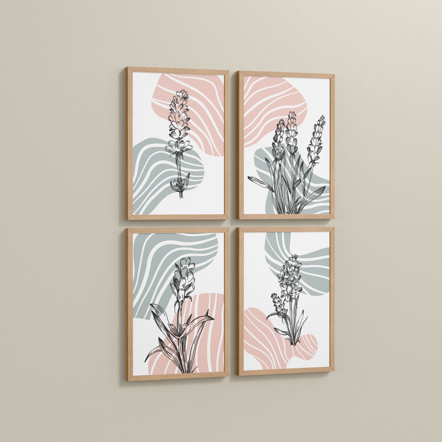 Side View of Abstract Hand-Printed Lavender Essence Wall Art Set of 4 in Natrual Color Frame