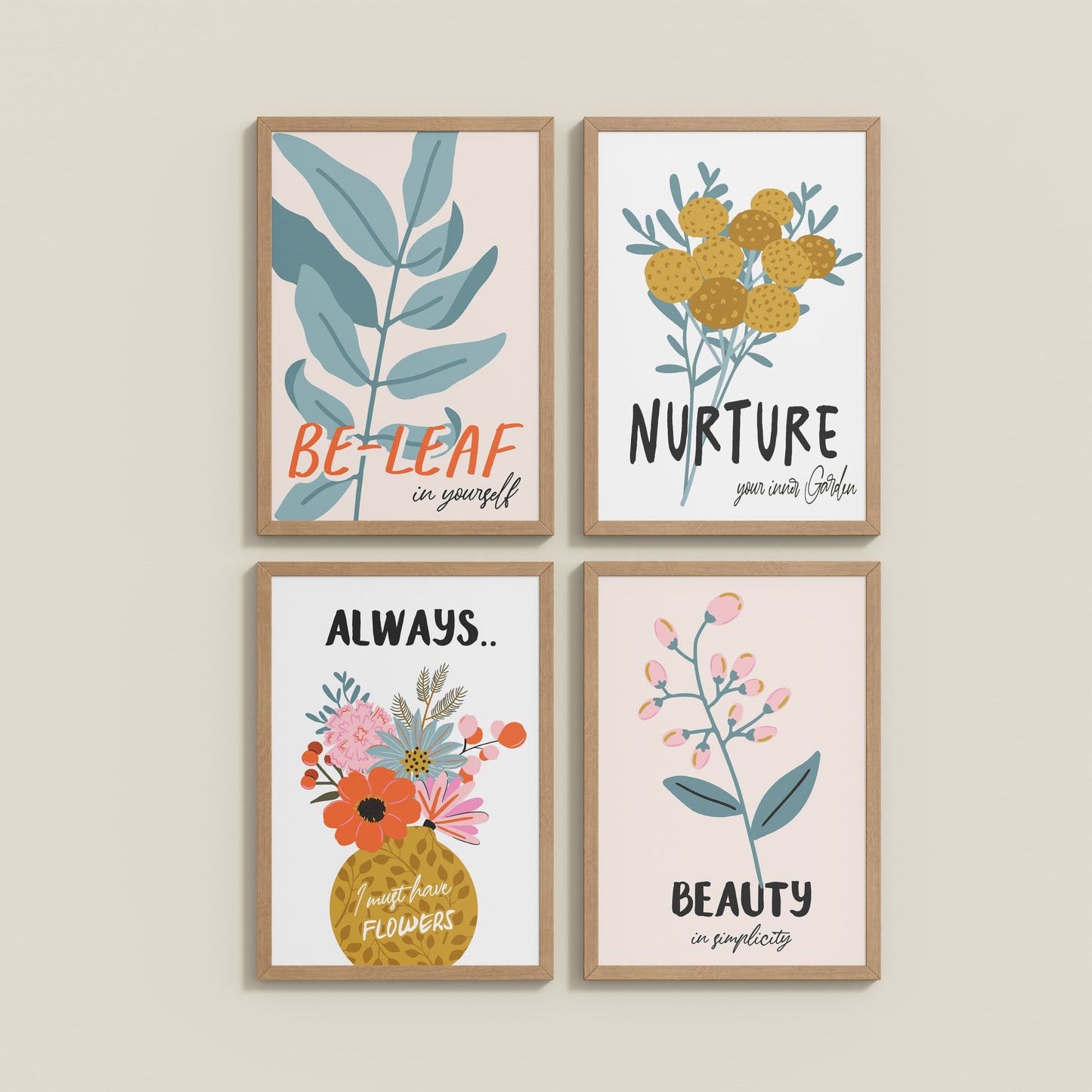 Wall View of Grow & Glow – Plant-Inspired Positive Wall Art Set of 4 in Natrual Color Frame
