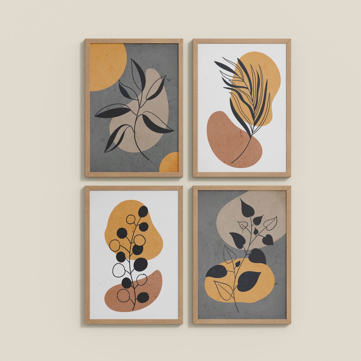 Wall View of Boho Leaves – Minimalist Wall Art Set of 4 Frames in Natrual Color Frame