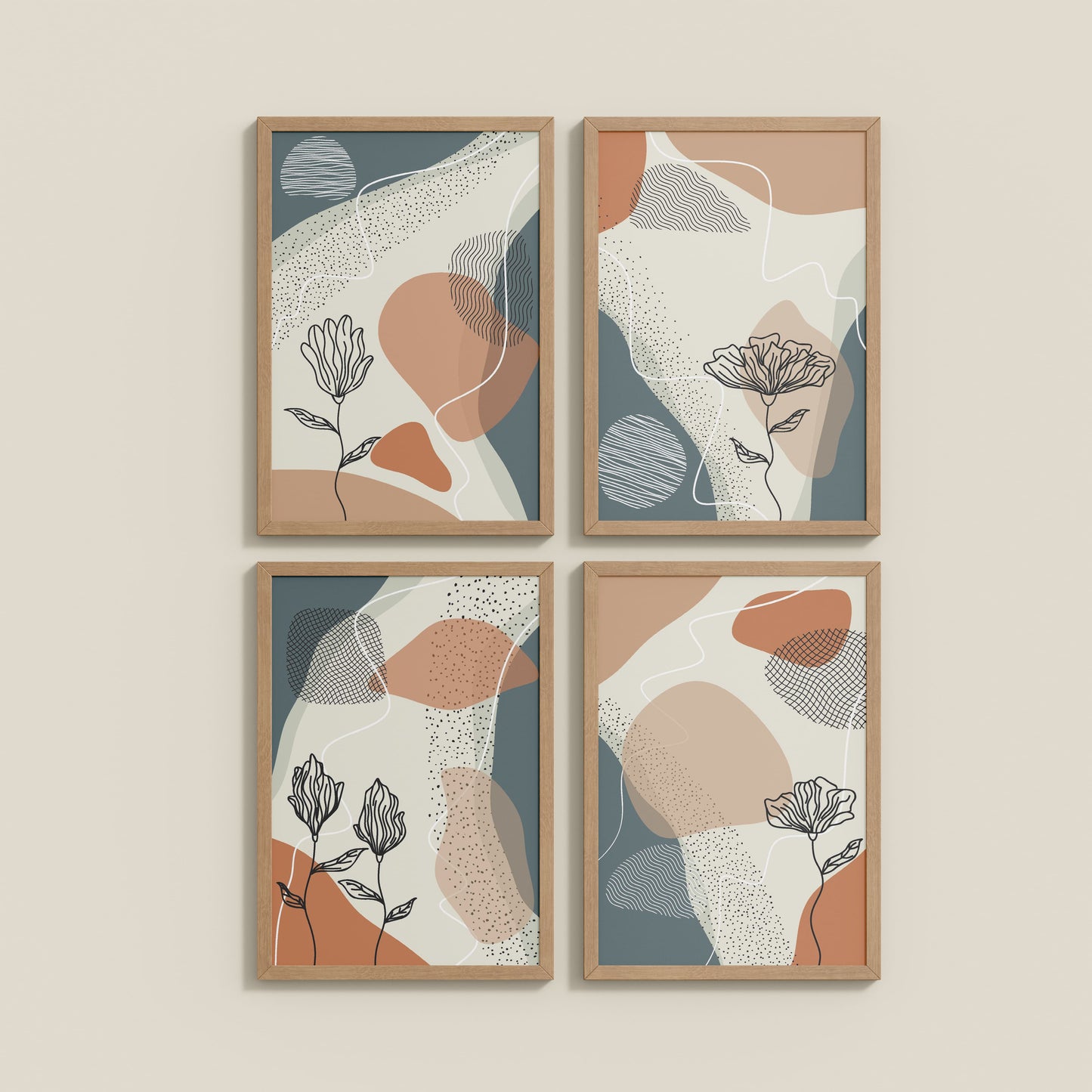 Wall View of Line & Leaf – Boho Abstract Wall Art Set of 4 in Natrual Color Frame