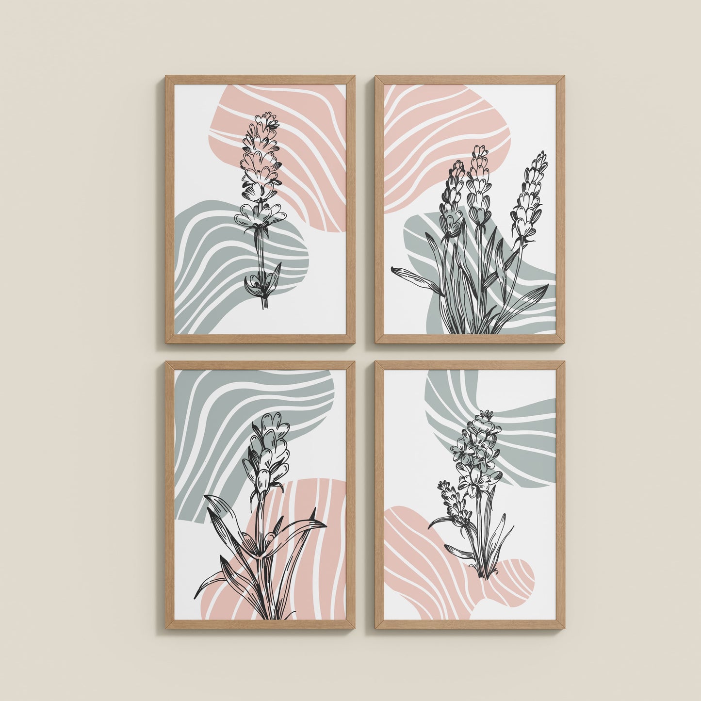 Wall View of Abstract Hand-Printed Lavender Essence Wall Art Set of 4 in Natrual Color Frame