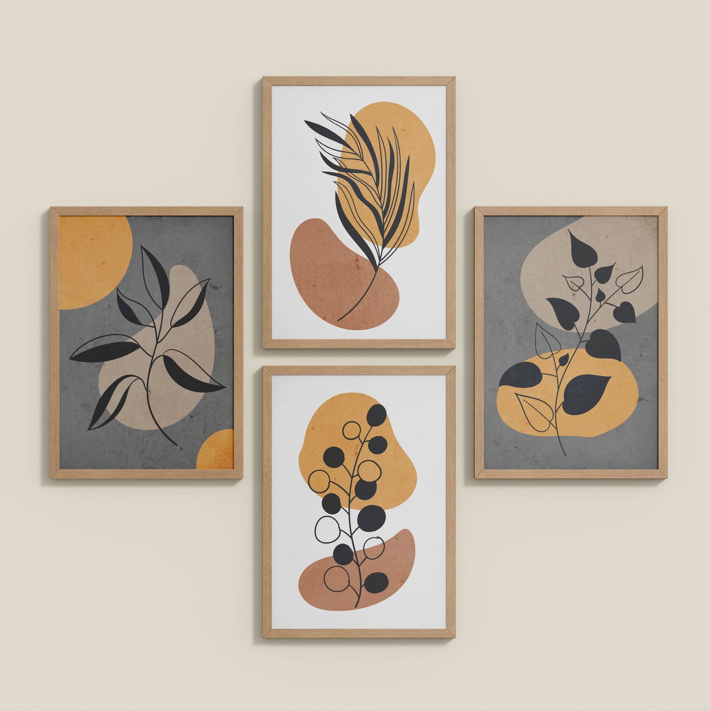 Inclined Floor View of Boho Leaves – Minimalist Wall Art Set of 4 Frames in Natrual Color Frame