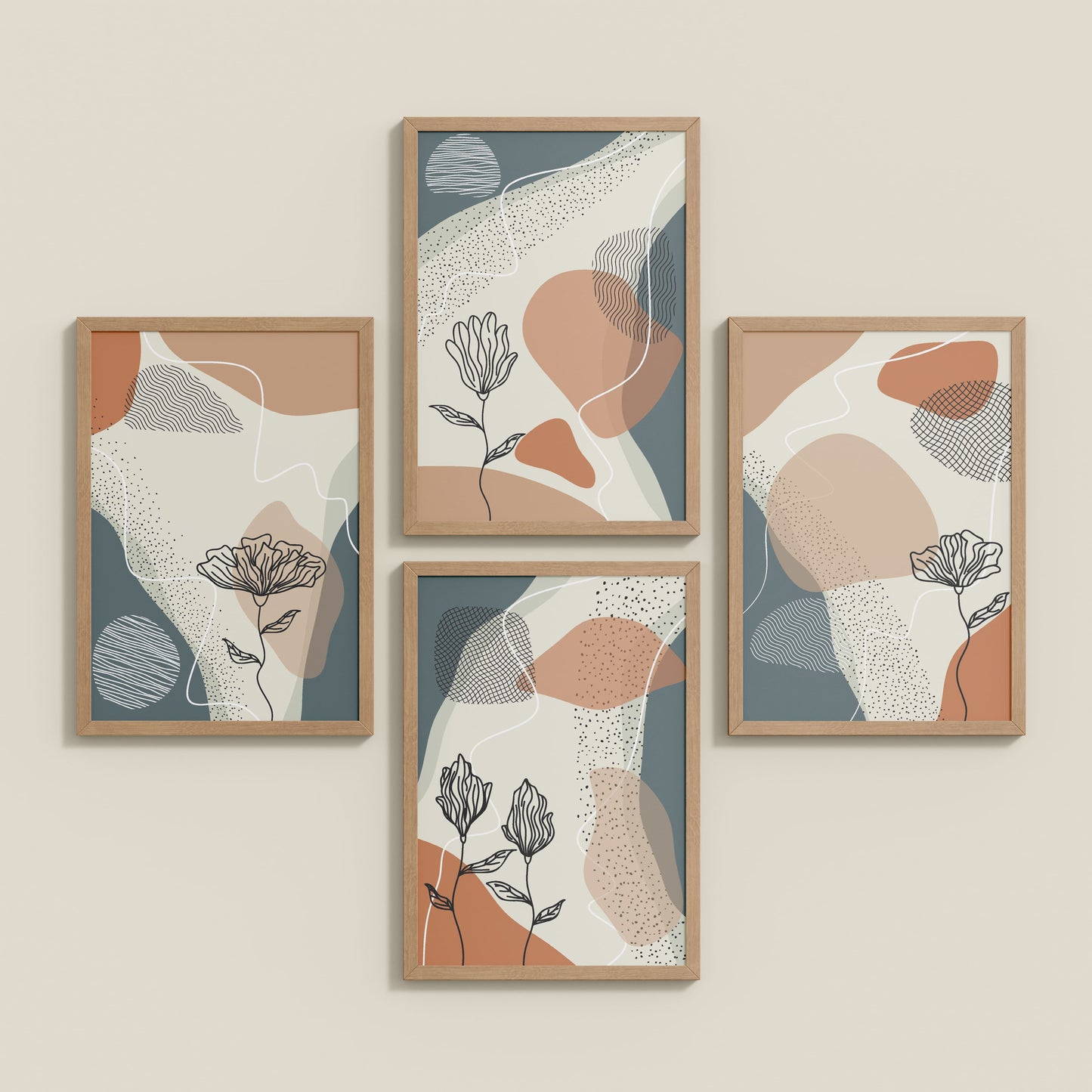 Inclined Floor View of Line & Leaf – Boho Abstract Wall Art Set of 4 in Natrual Color Frame