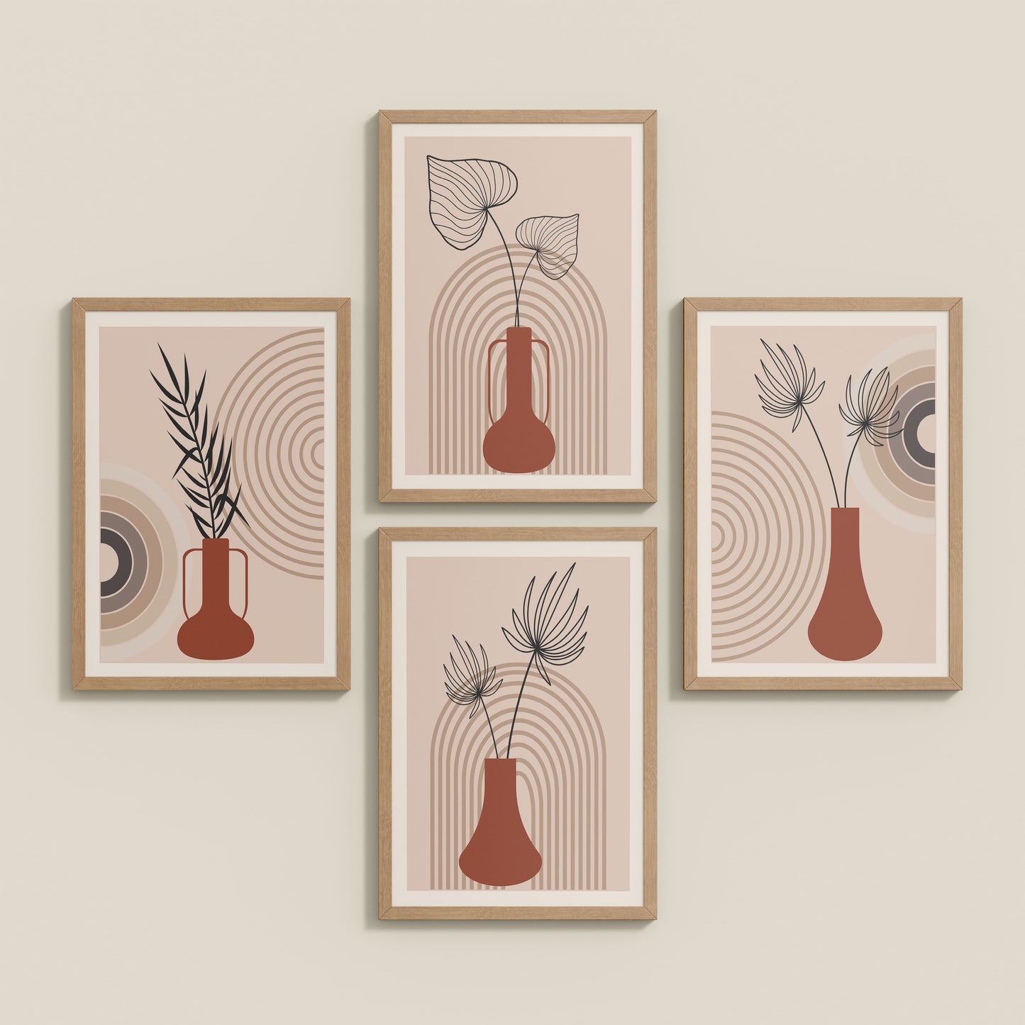 Inclined Floor View of Boho Botanical Plant Wall Art Set of 4 in Natrual Color Frame