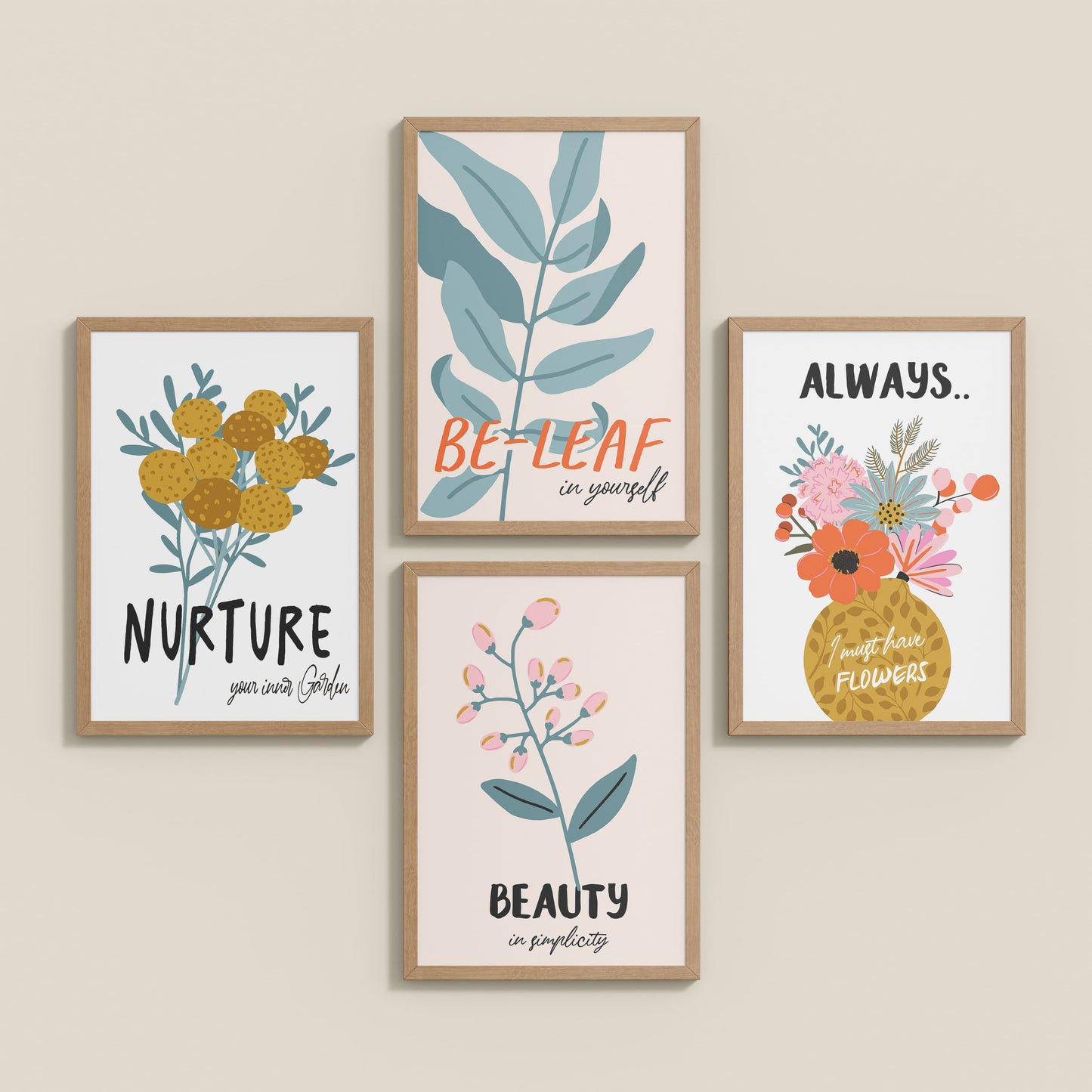 Inclined Floor View of Grow & Glow – Plant-Inspired Positive Wall Art Set of 4 in Natrual Color Frame