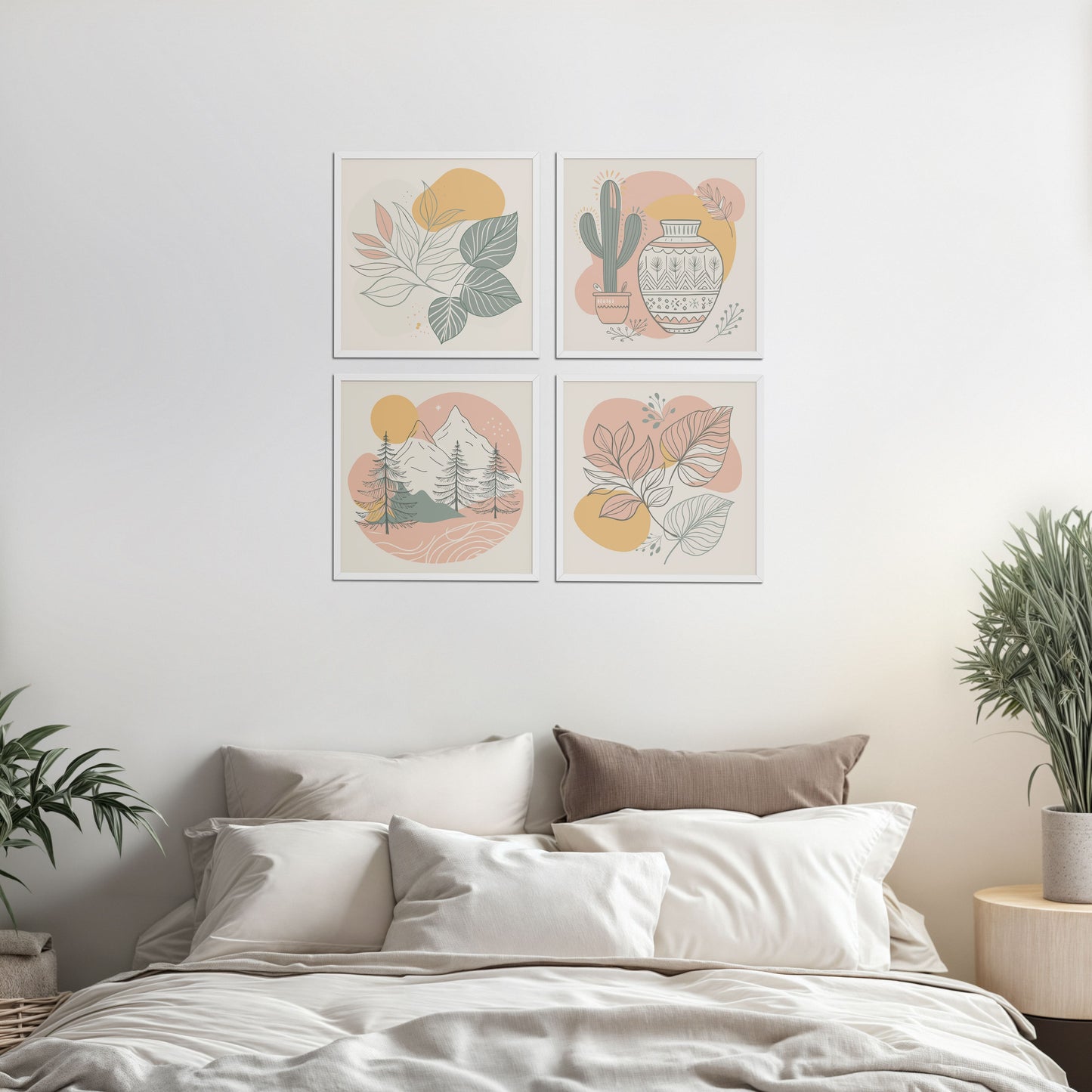 Bed Room Preview of Boho Serenity Pastel Nature Wall Art Set of 4 in White Color Frame