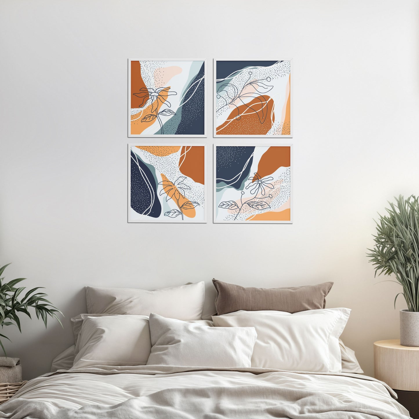 Bed Room Preview of Boho Minimalist Floral Wall Art Frames Set of 4 in White Color Frame