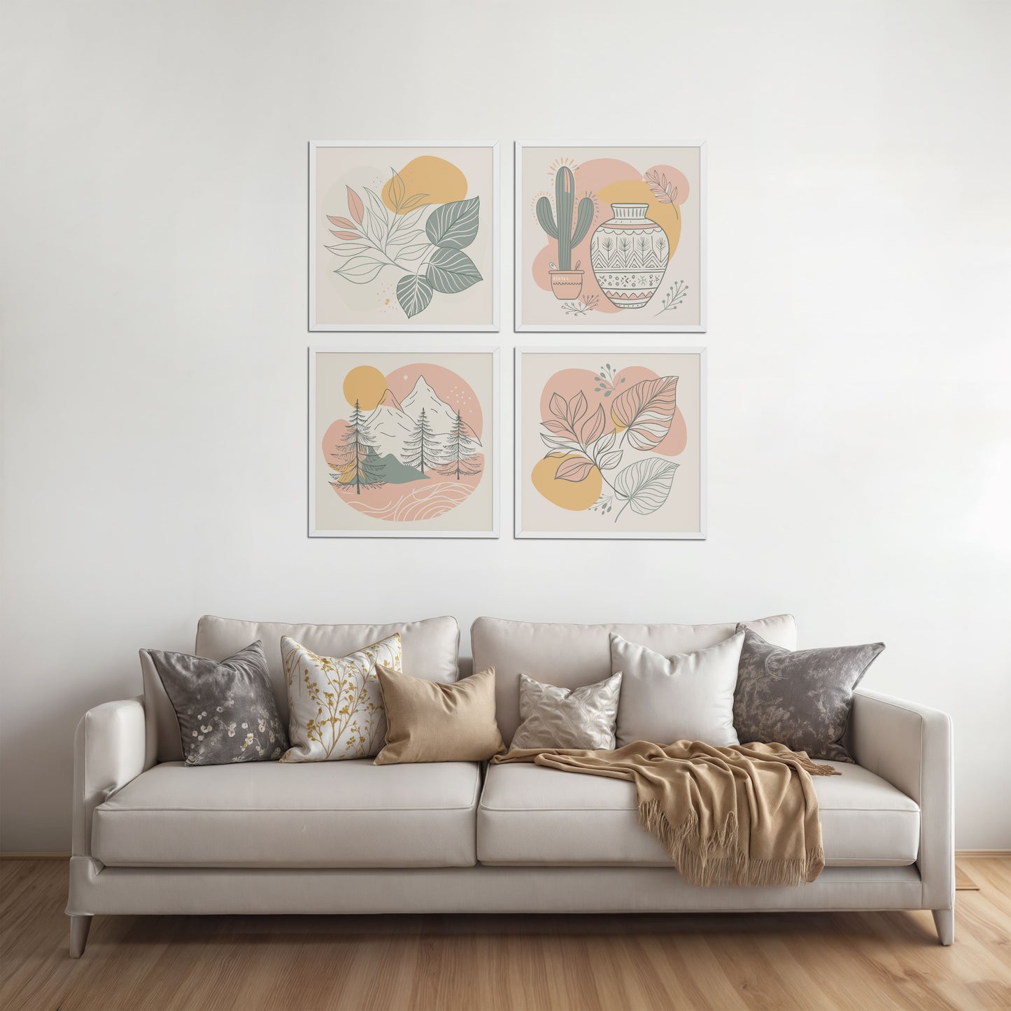 Living Room Sofa Preview of Boho Serenity Pastel Nature Wall Art Set of 4 in White Color Frame