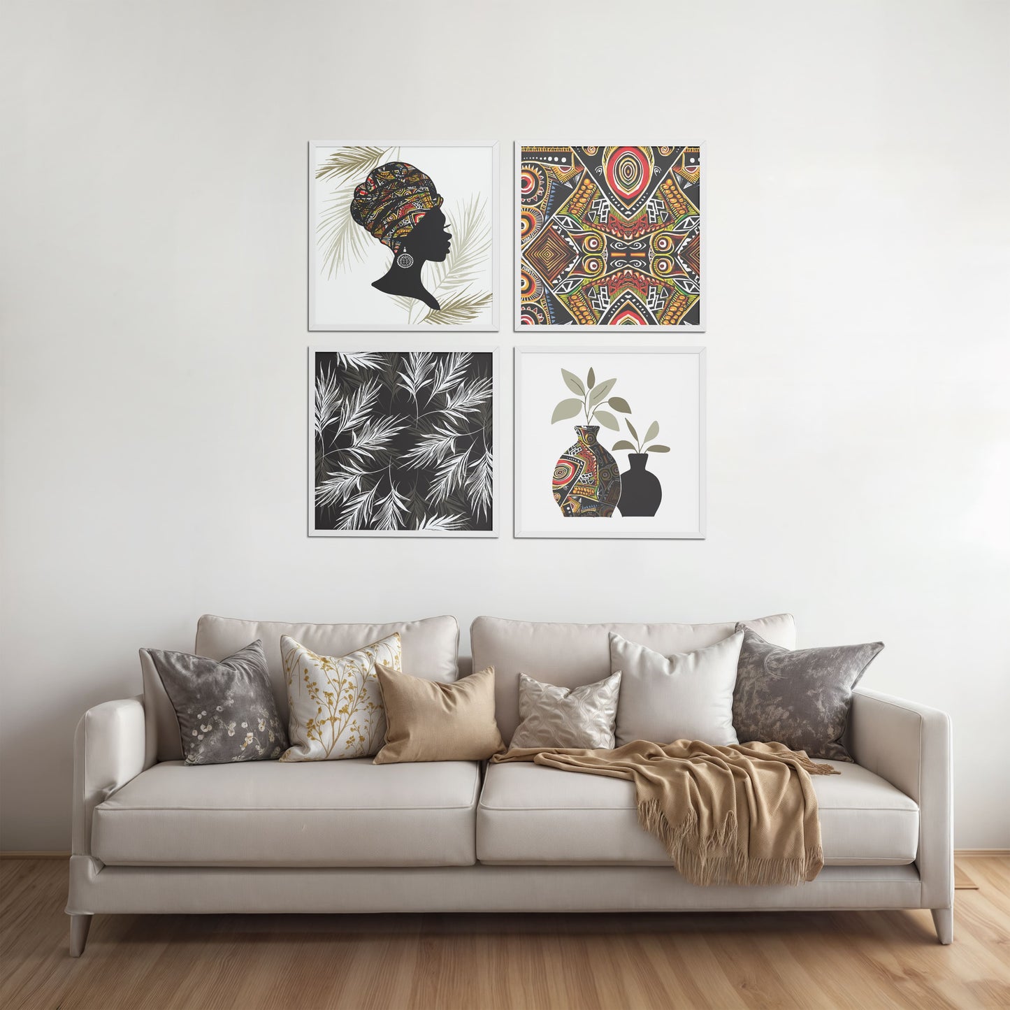 Living Room Sofa Preview of Ethnic Bohemian Wall Art Frames Set of 4 in White Color Frame