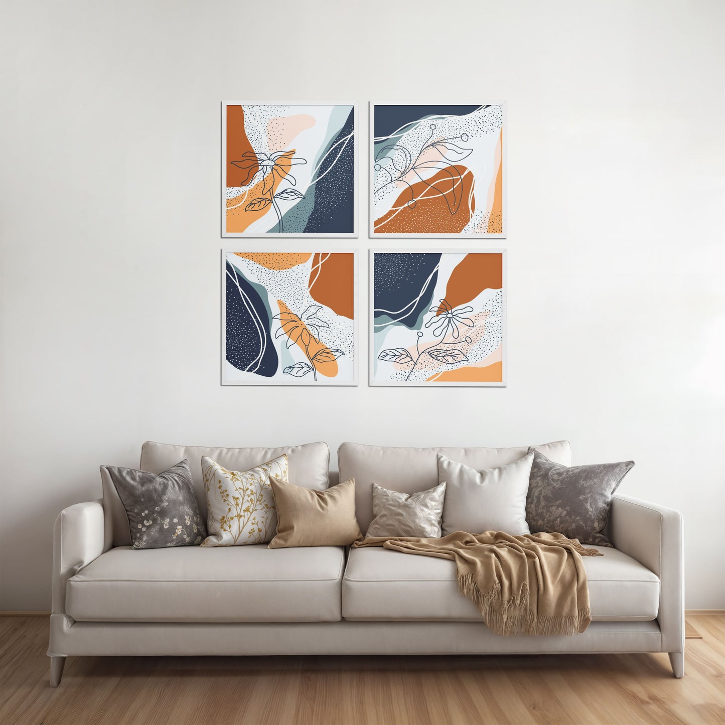 Living Room Sofa Preview of Boho Minimalist Floral Wall Art Frames Set of 4 in White Color Frame