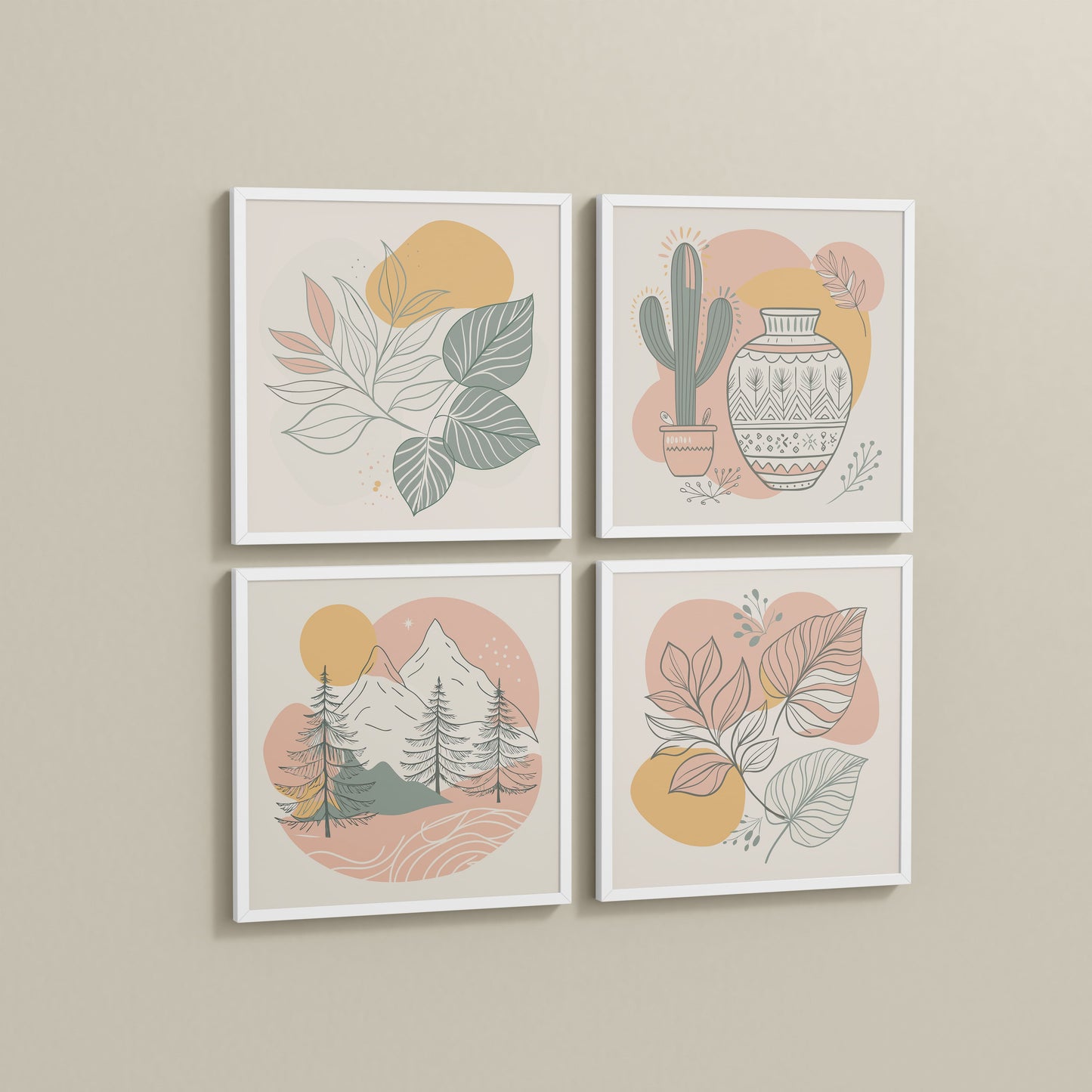 Side View of Boho Serenity Pastel Nature Wall Art Set of 4 in White Color Frame