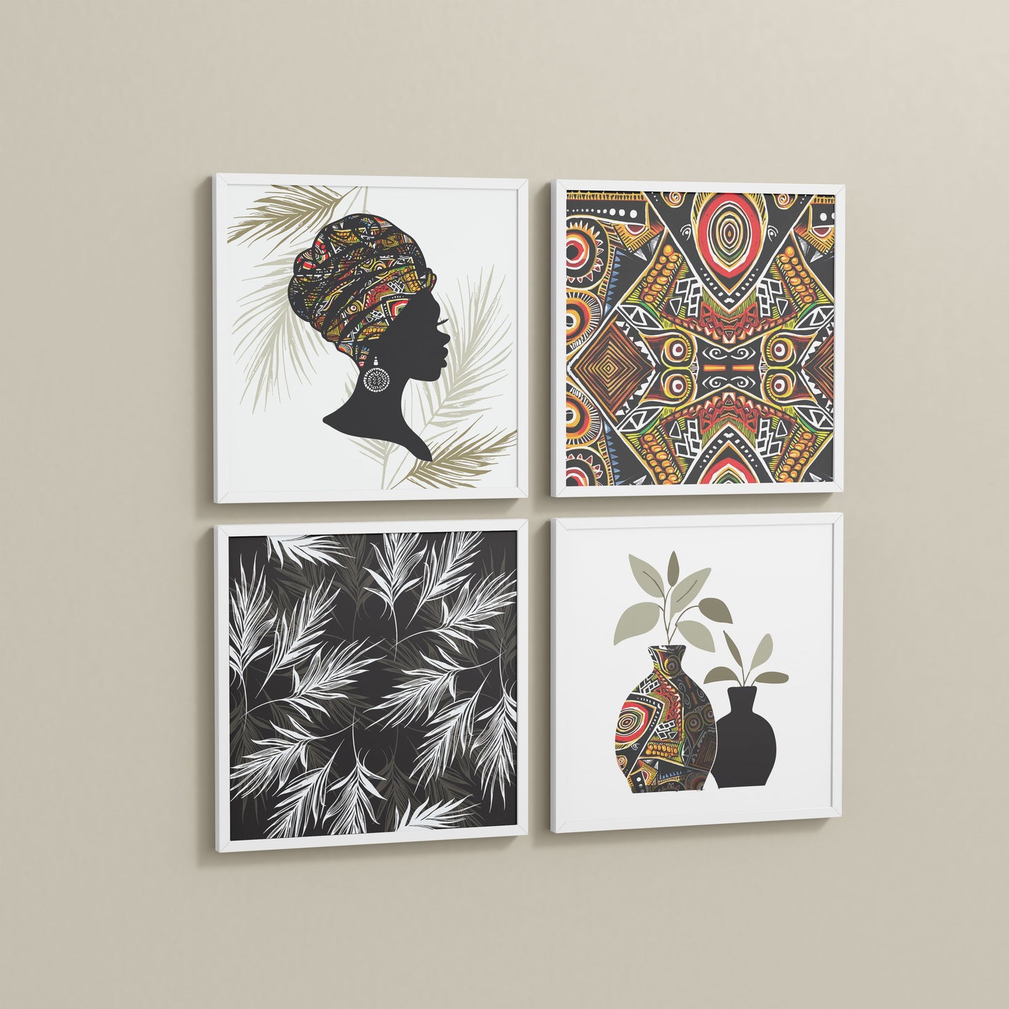 Side View of Ethnic Bohemian Wall Art Frames Set of 4 in White Color Frame