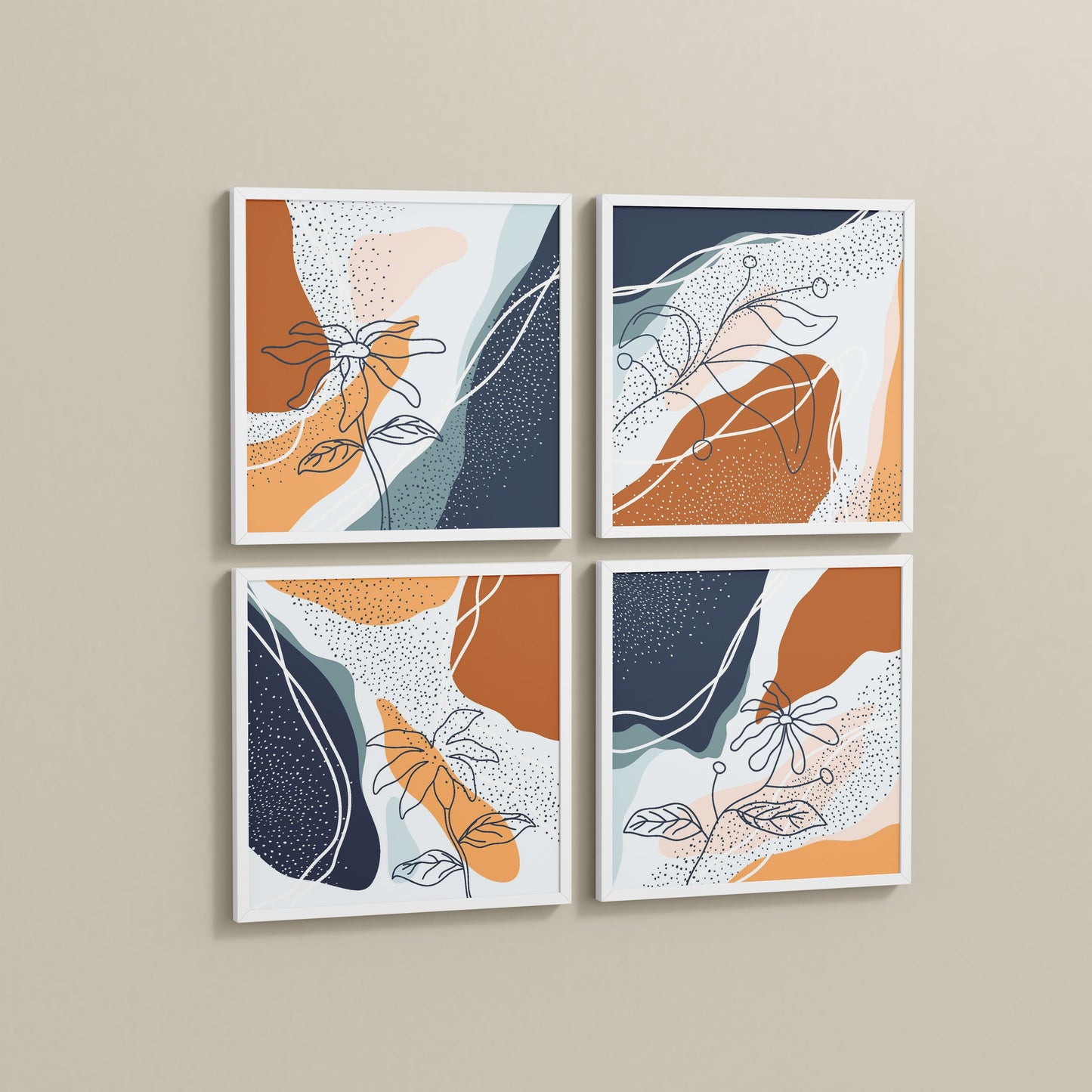 Side View of Boho Minimalist Floral Wall Art Frames Set of 4 in White Color Frame