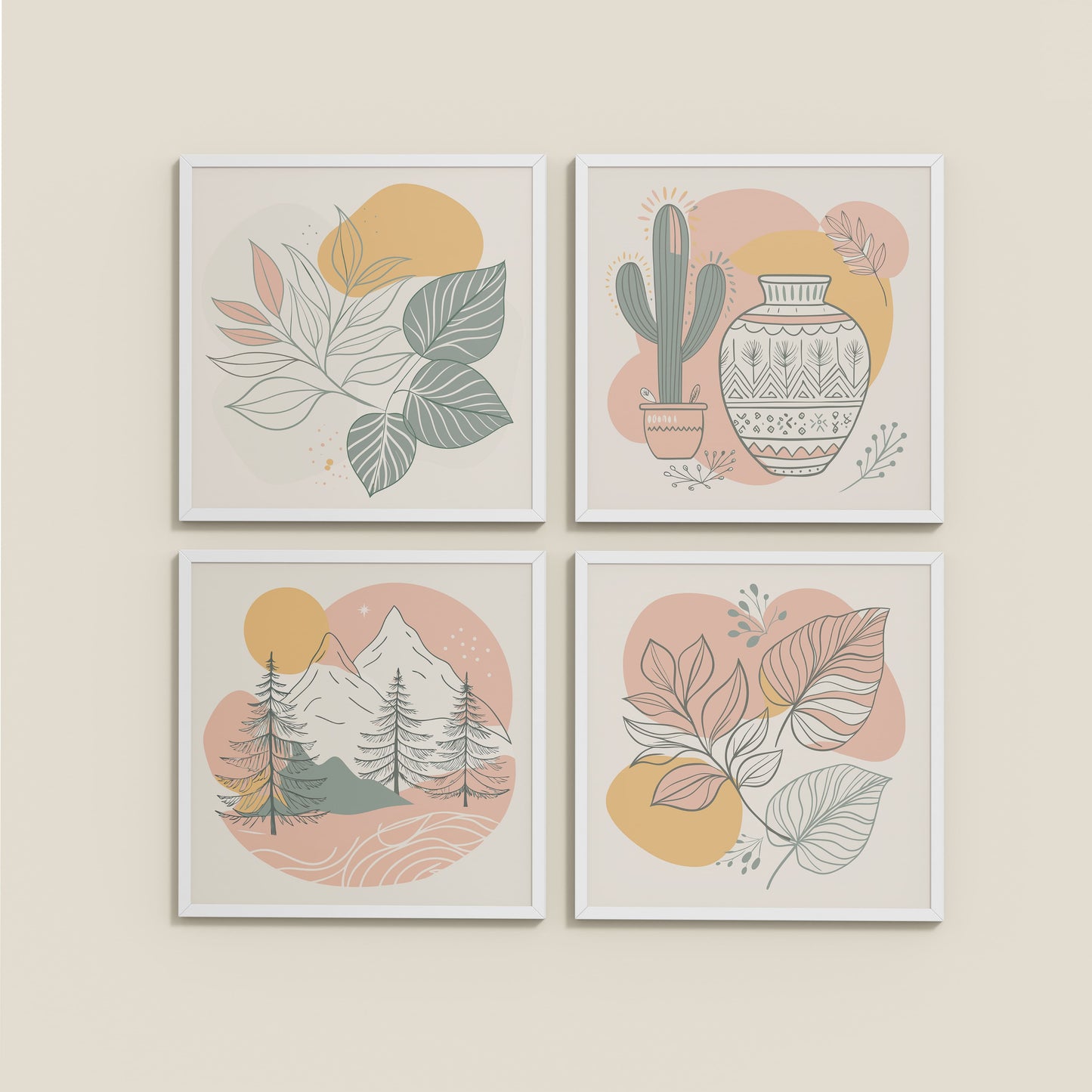 Wall View of Boho Serenity Pastel Nature Wall Art Set of 4 in White Color Frame