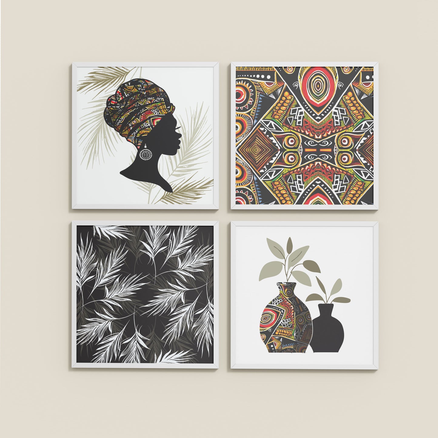 Wall View of Ethnic Bohemian Wall Art Frames Set of 4 in White Color Frame