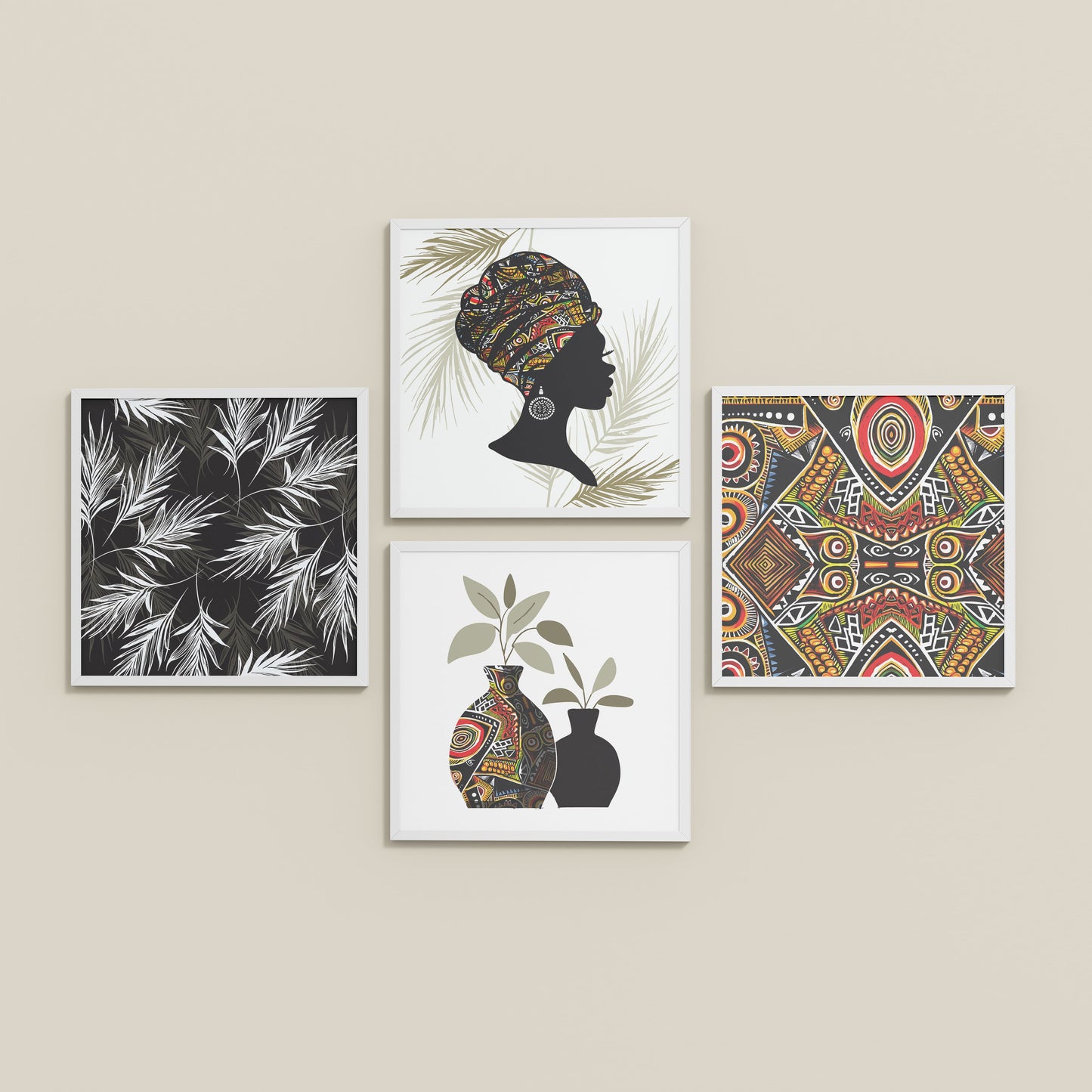 Inclined Floor View of Ethnic Bohemian Wall Art Frames Set of 4 in White Color Frame