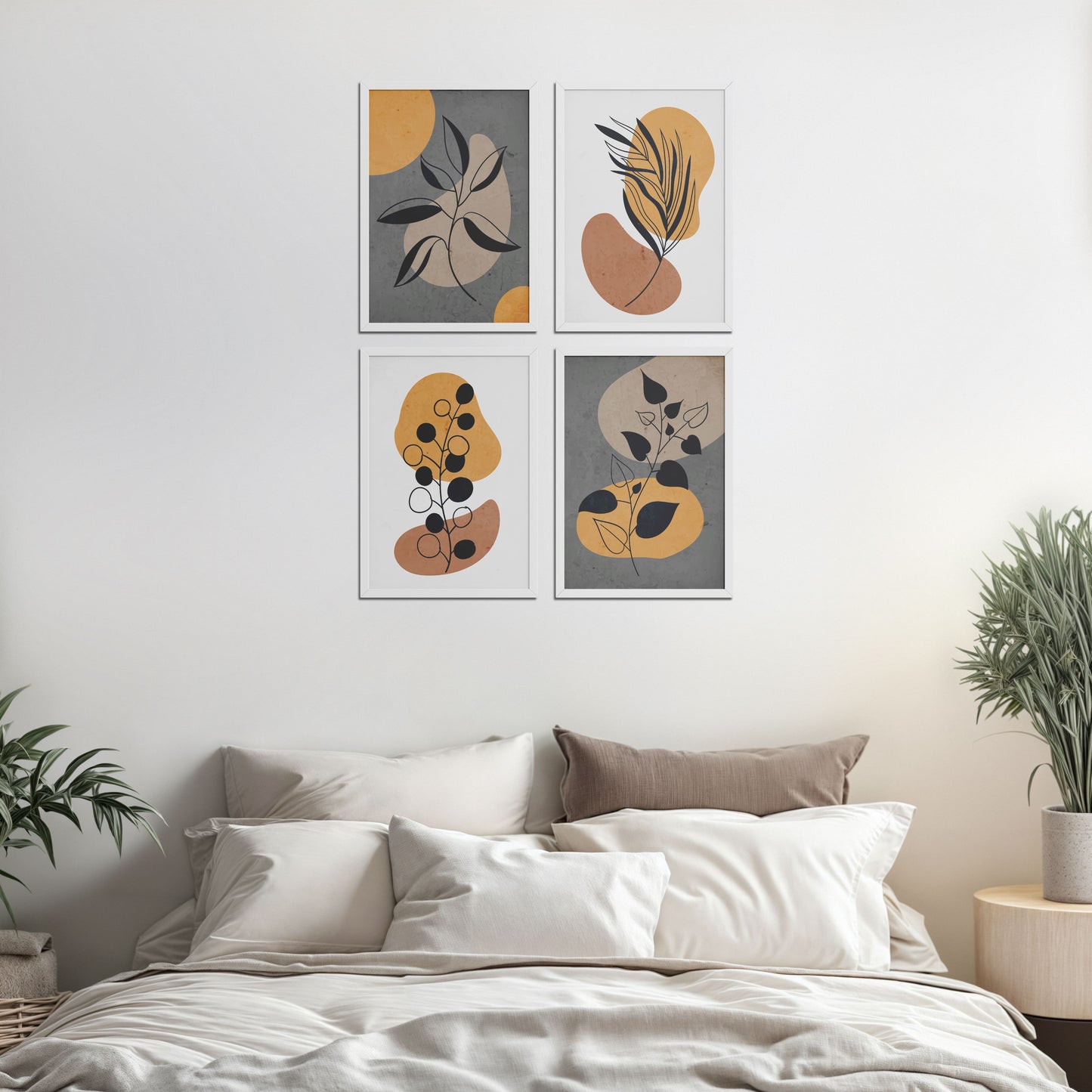 Bed Room Preview of Boho Leaves – Minimalist Wall Art Set of 4 Frames in White Color Frame