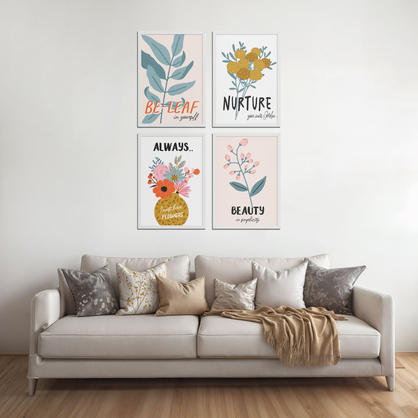 Living Room Sofa Preview of Grow & Glow – Plant-Inspired Positive Wall Art Set of 4 in White Color Frame
