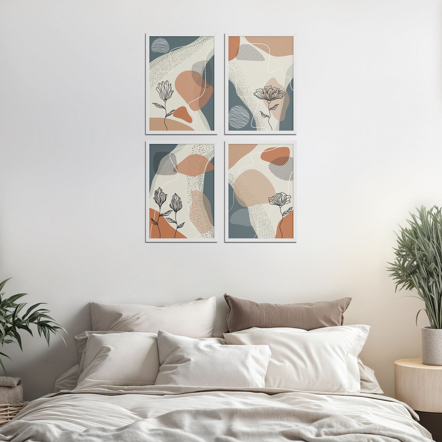 Bed Room Preview of Line & Leaf – Boho Abstract Wall Art Set of 4 in White Color Frame