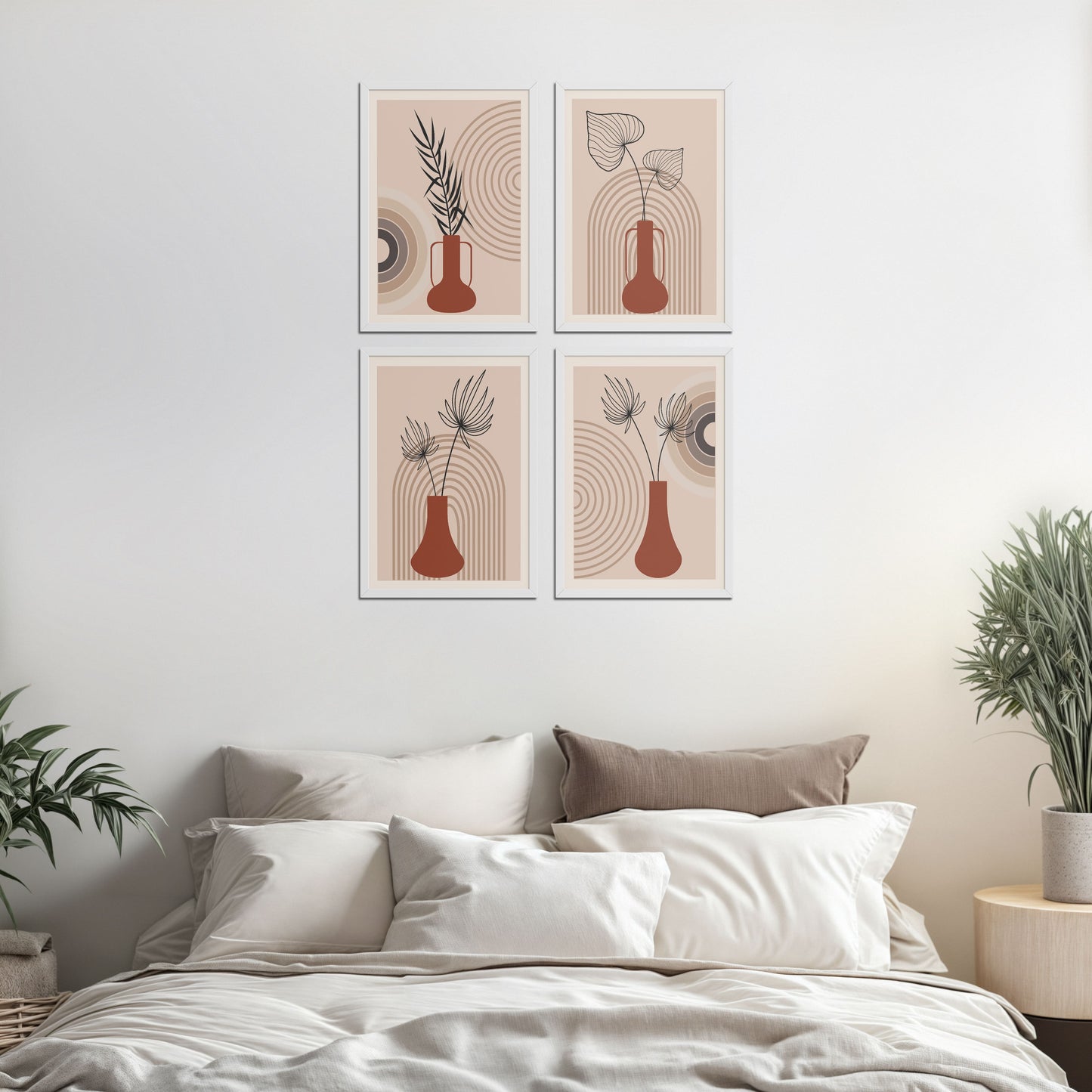 Bed Room Preview of Boho Botanical Plant Wall Art Set of 4 in White Color Frame