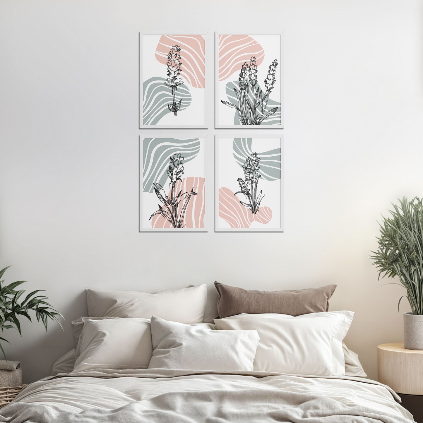 Bed Room Preview of Abstract Hand-Printed Lavender Essence Wall Art Set of 4 in White Color Frame