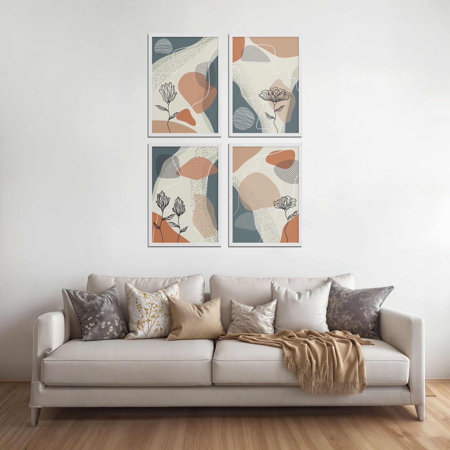 Living Room Sofa Preview of Line & Leaf – Boho Abstract Wall Art Set of 4 in White Color Frame