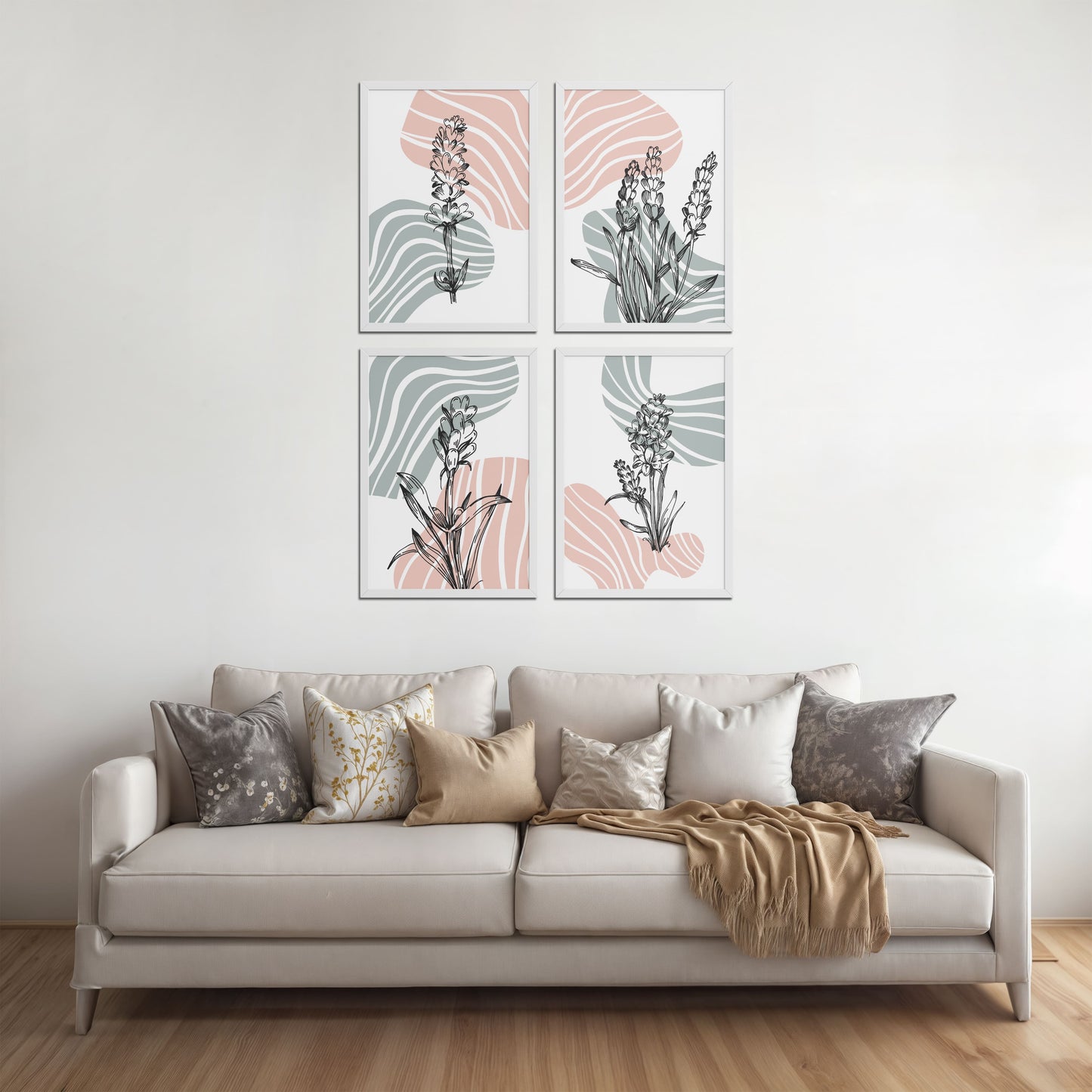 Living Room Sofa Preview of Abstract Hand-Printed Lavender Essence Wall Art Set of 4 in White Color Frame