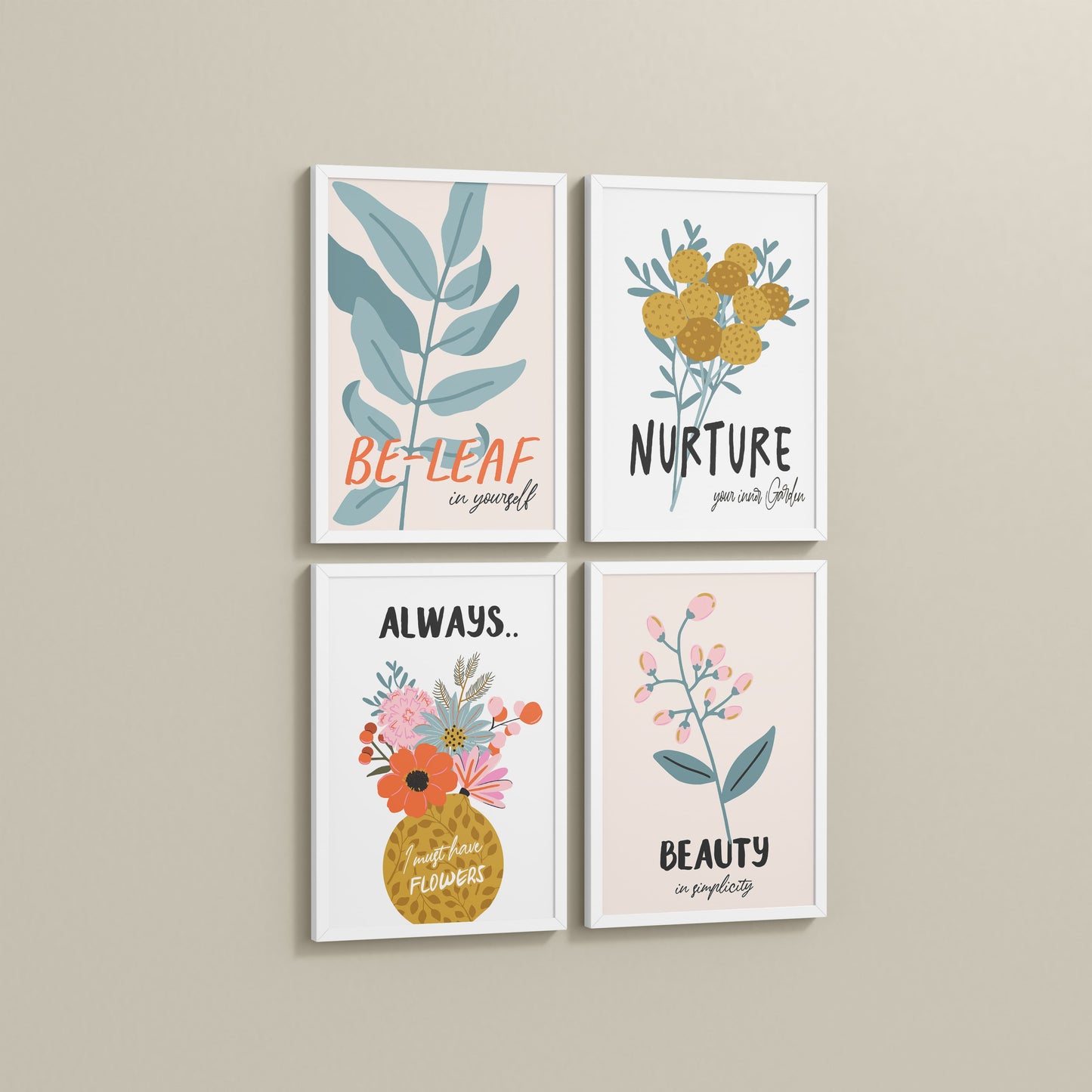 Side View of Grow & Glow – Plant-Inspired Positive Wall Art Set of 4 in White Color Frame