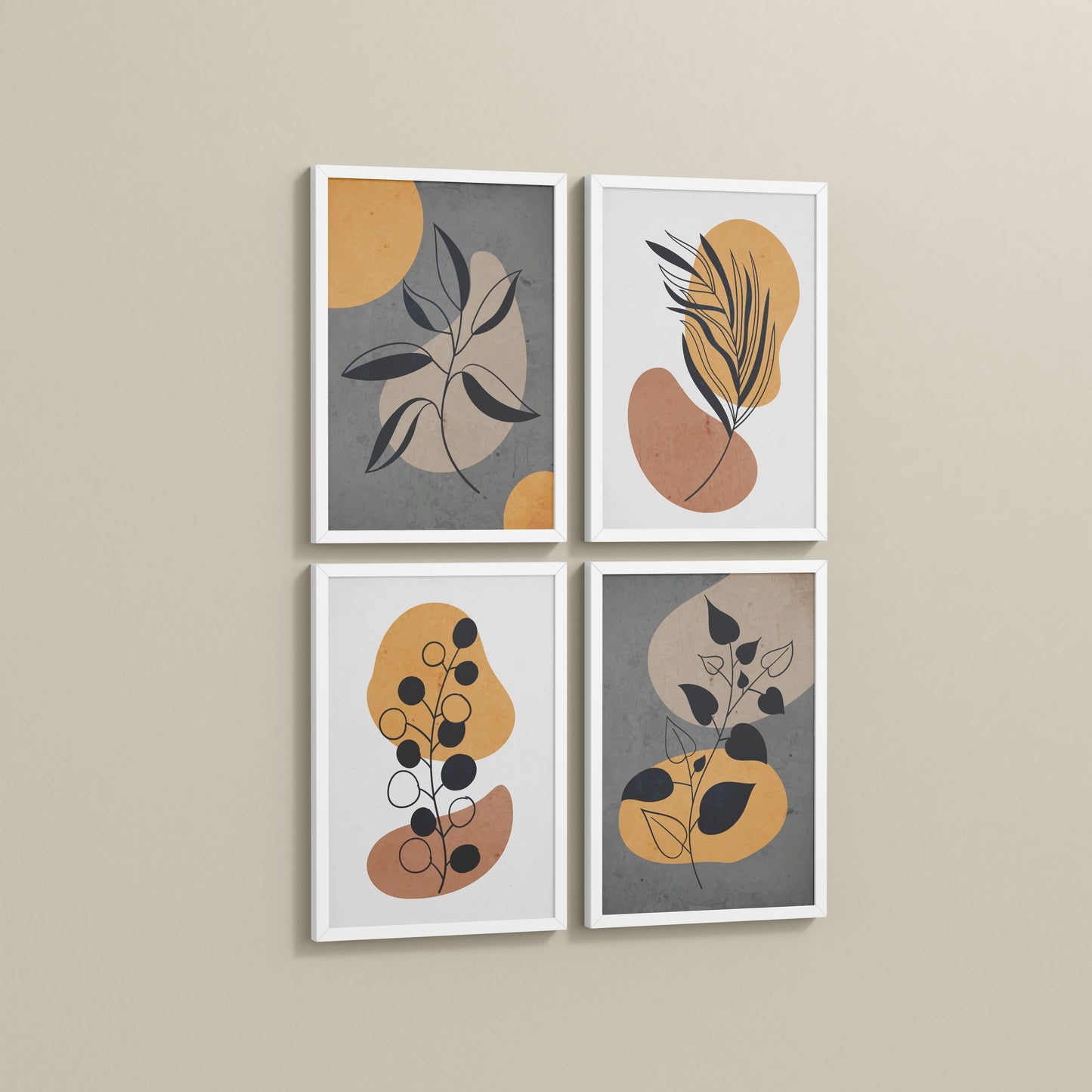 Side View of Boho Leaves – Minimalist Wall Art Set of 4 Frames in White Color Frame