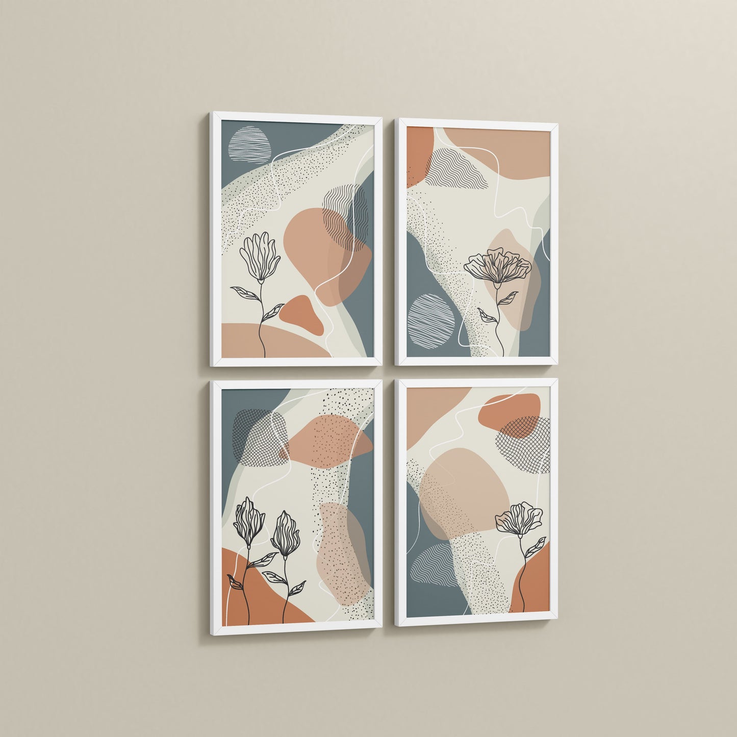 Side View of Line & Leaf – Boho Abstract Wall Art Set of 4 in White Color Frame