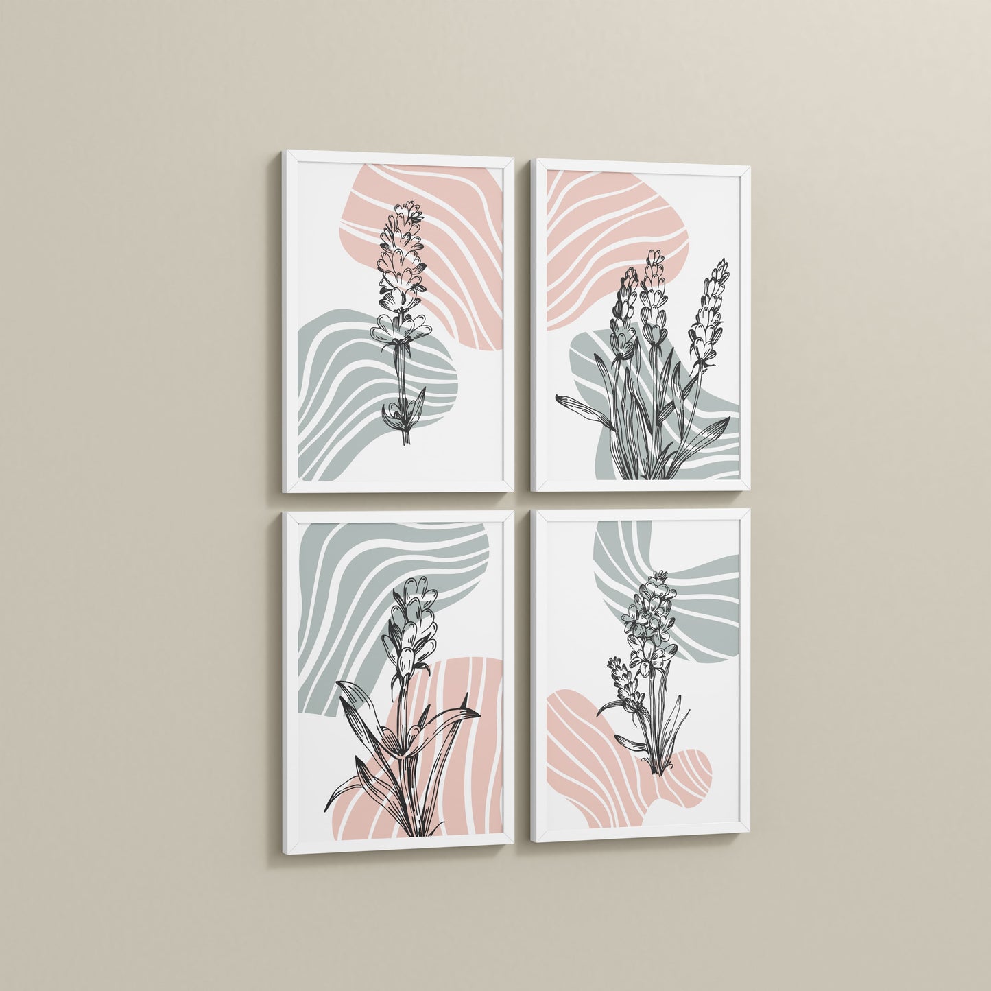 Side View of Abstract Hand-Printed Lavender Essence Wall Art Set of 4 in White Color Frame