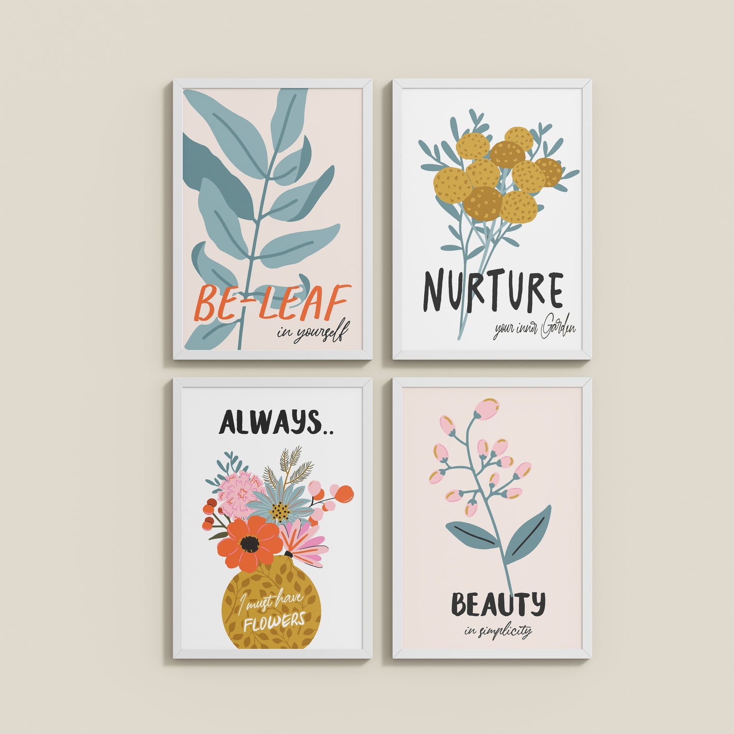 Wall View of Grow & Glow – Plant-Inspired Positive Wall Art Set of 4 in White Color Frame