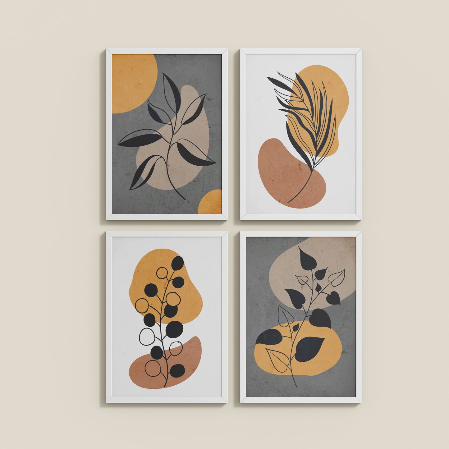 Wall View of Boho Leaves – Minimalist Wall Art Set of 4 Frames in White Color Frame