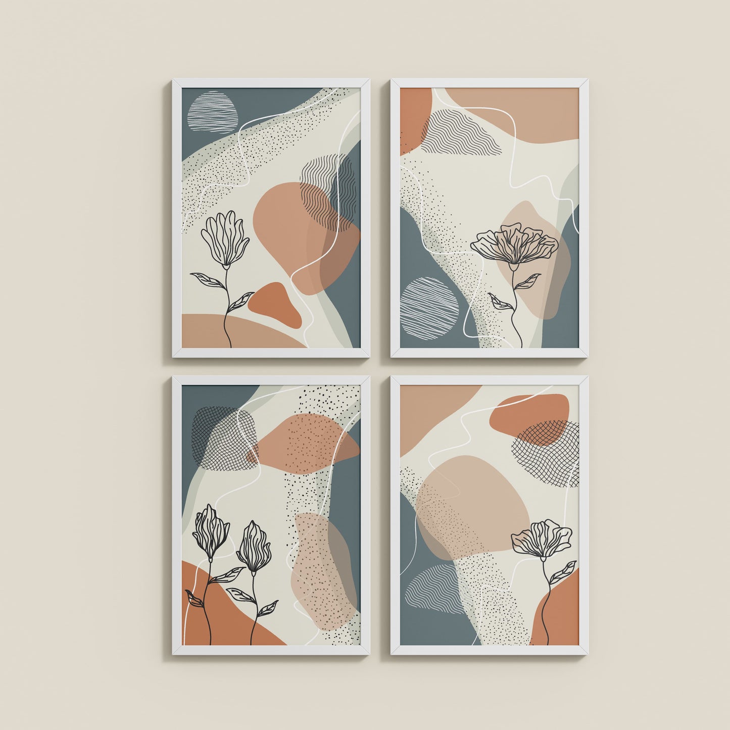 Wall View of Line & Leaf – Boho Abstract Wall Art Set of 4 in White Color Frame