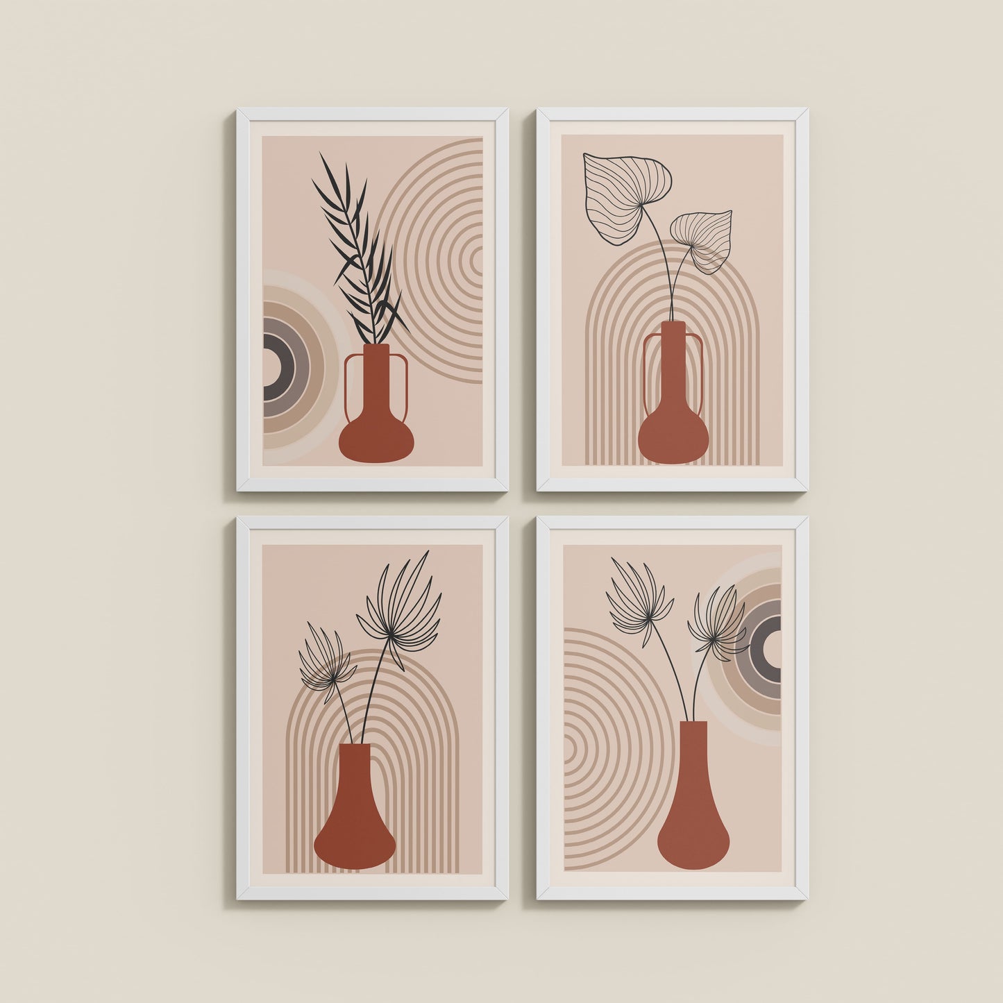 Wall View of Boho Botanical Plant Wall Art Set of 4 in White Color Frame