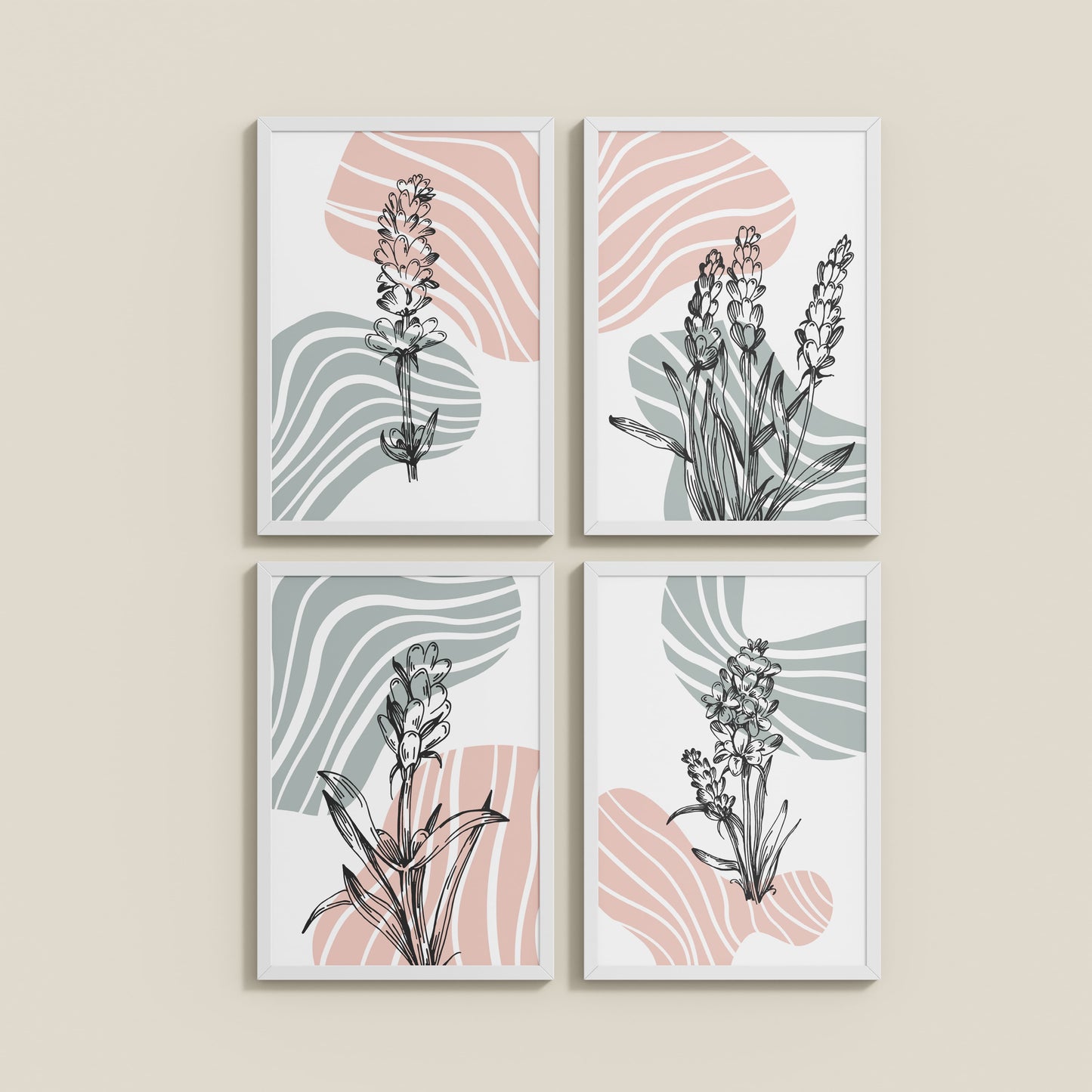 Wall View of Abstract Hand-Printed Lavender Essence Wall Art Set of 4 in White Color Frame