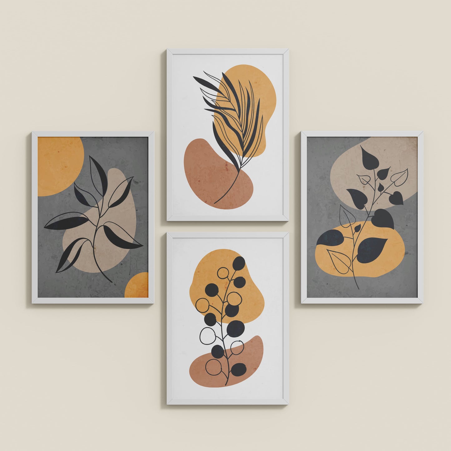 Inclined Floor View of Boho Leaves – Minimalist Wall Art Set of 4 Frames in White Color Frame